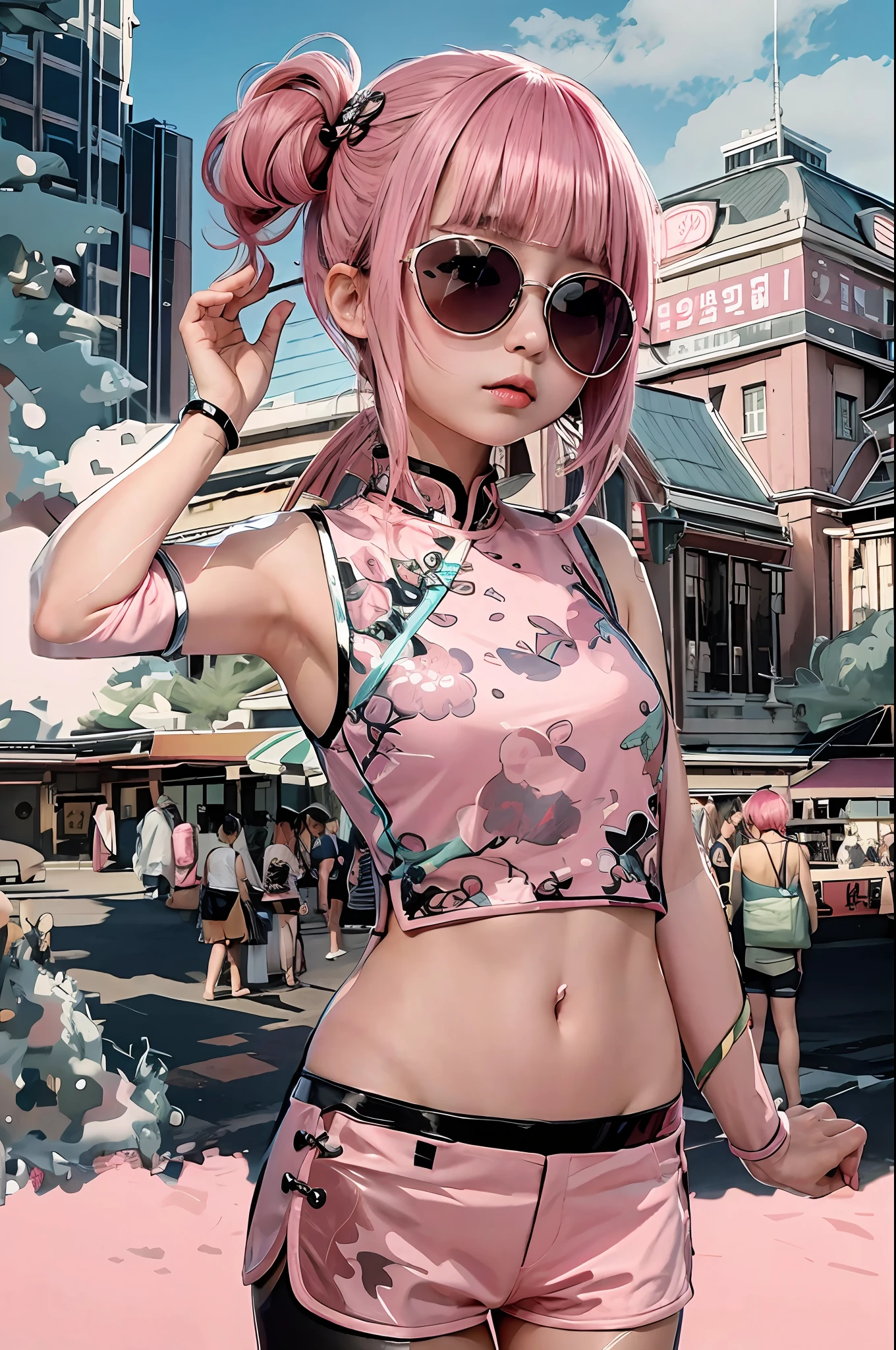 pink hair, pink china clothes, black shorts, blunt bangs, 1girl,solo,flashy hair, photorealistic, high resolution, one girl, colorful hair color, korean, tokyo station, summer, cowboy shot, sunglasses