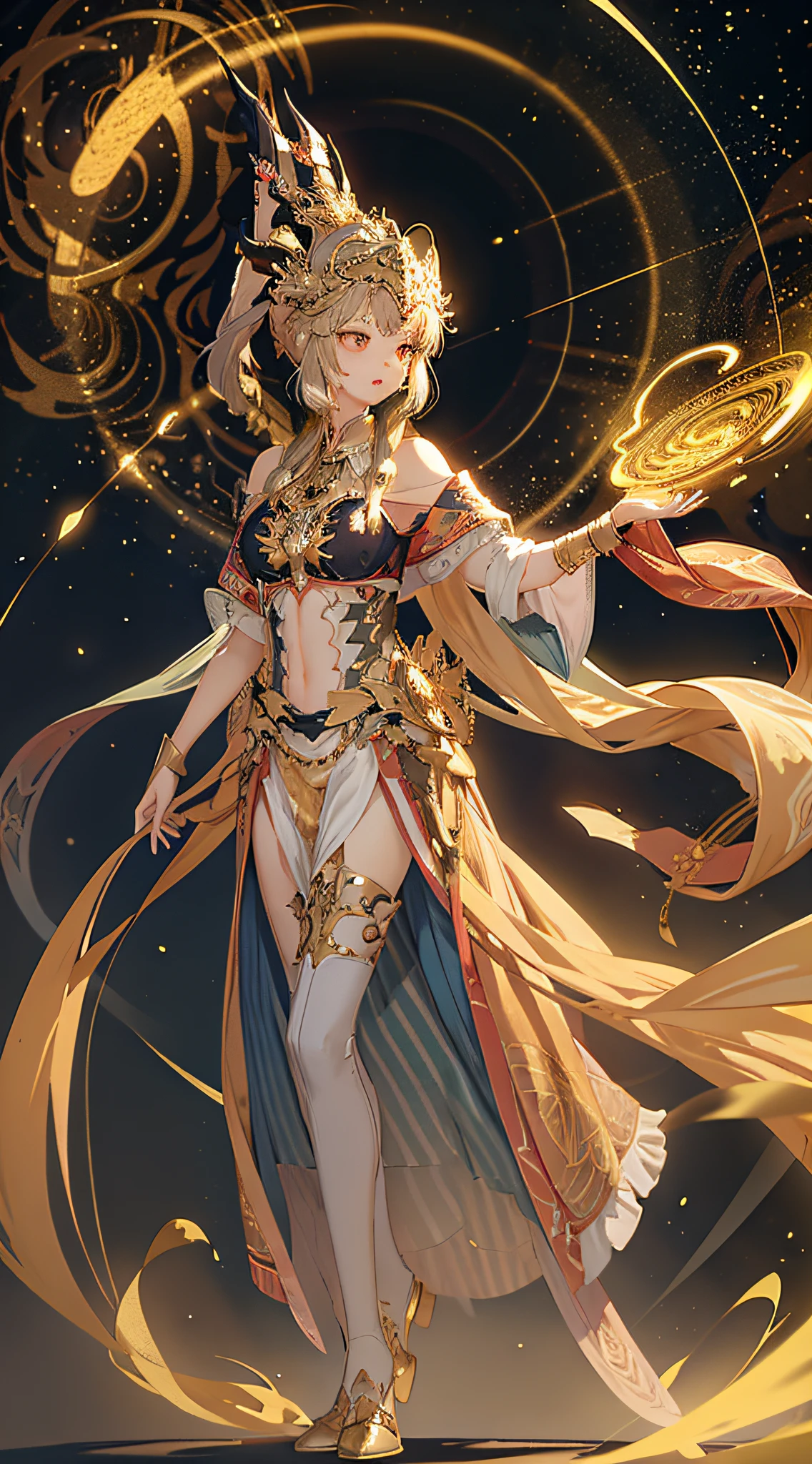 (Masterpiece, Top Quality, Best Quality, Official Art, Beauty and Aesthetics: 1.2), (1 Girl), (Vast Universe in the background, Virgo constellation in the background: 1.6), (Golden Armor, Golden helmet: 1.2), galaxy, (light stripes), extreme details, (fractal art: 1.3), colorful, highest detail, perfect face, HDR, eye-catching visuals, (dynamic stripes, luminous trajectory: 1.2), bright colors, full body shot, scowl, Ultra-Wide Angle, atmospheric perspective, panorama, perspective