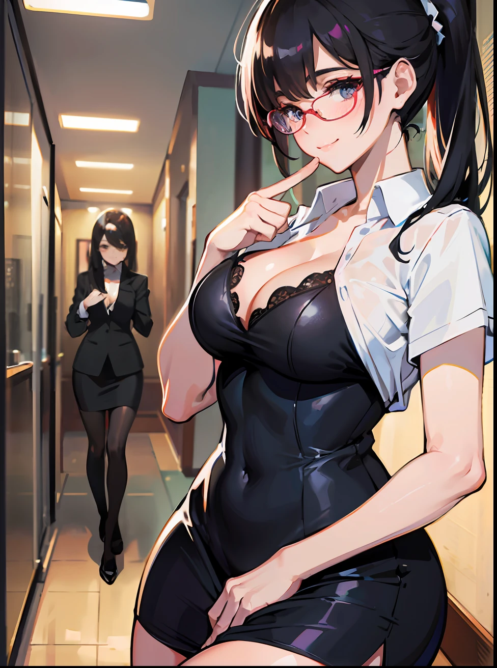 Image in high quality, best quality, best definition, 8k, ultrarealistic, An elegant and sophisticated teacher wearing glasses dresses playfully like an office lady with a short skirt and black socks, revealing her broad chest, cleavage, with long black hair, shiny and silky that reaches to the middle of the back with her ponytail, smiling with his cheeks slightly pink with a slight blush, extremely detailed eyes, extremely detailed hands.