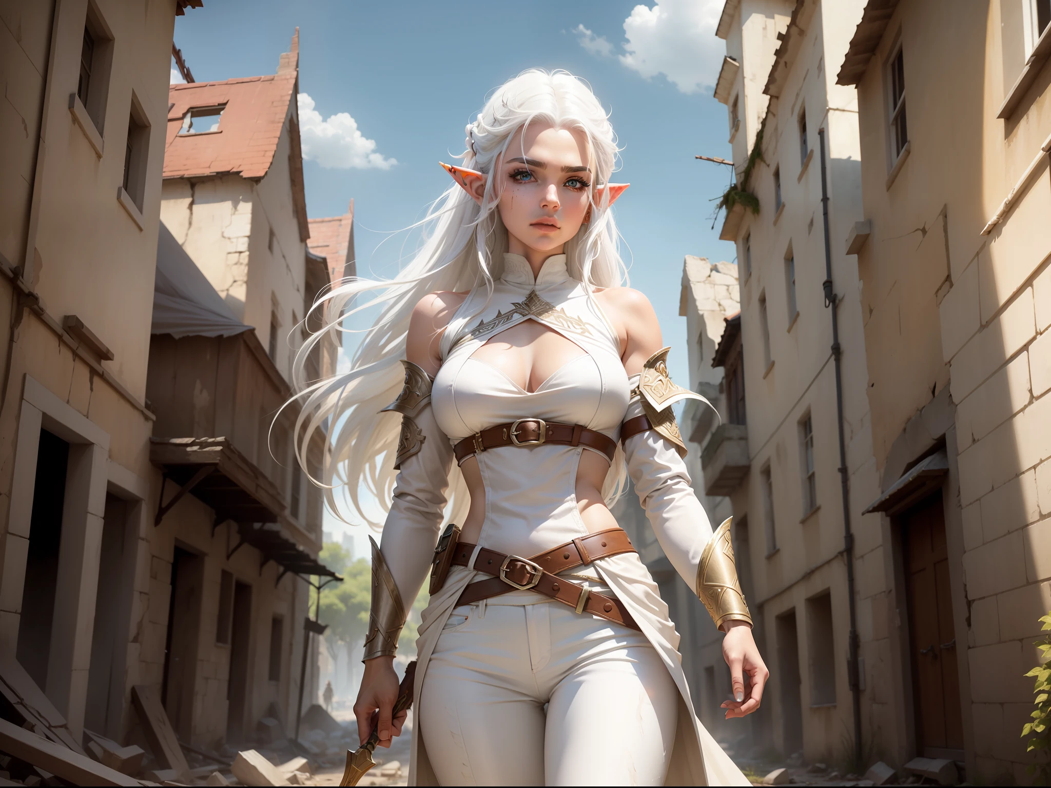 (she is a warrior elf with white hair, wearing light brown clothes and white pants), walking in a destroyed medieval city