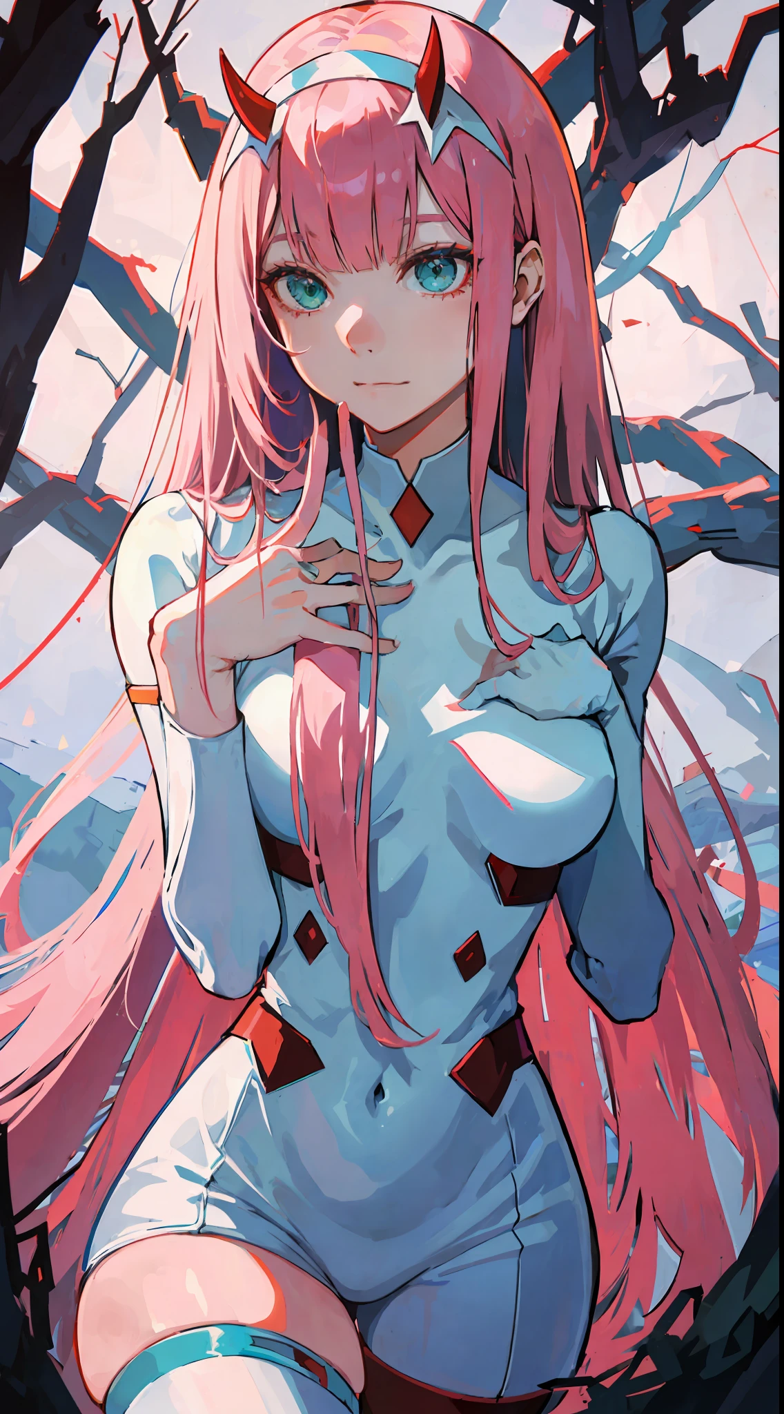 zero two \(darling on franxx\), darling on franxx, 1woman, closed mouth, bangs, bite, eyeshadow, green eyes, hair behind head, horns, long hair, makeup, small breasts, white bodysuit, big thighs, pink hair, red eyeshadow, detailed background, bed, bedroom