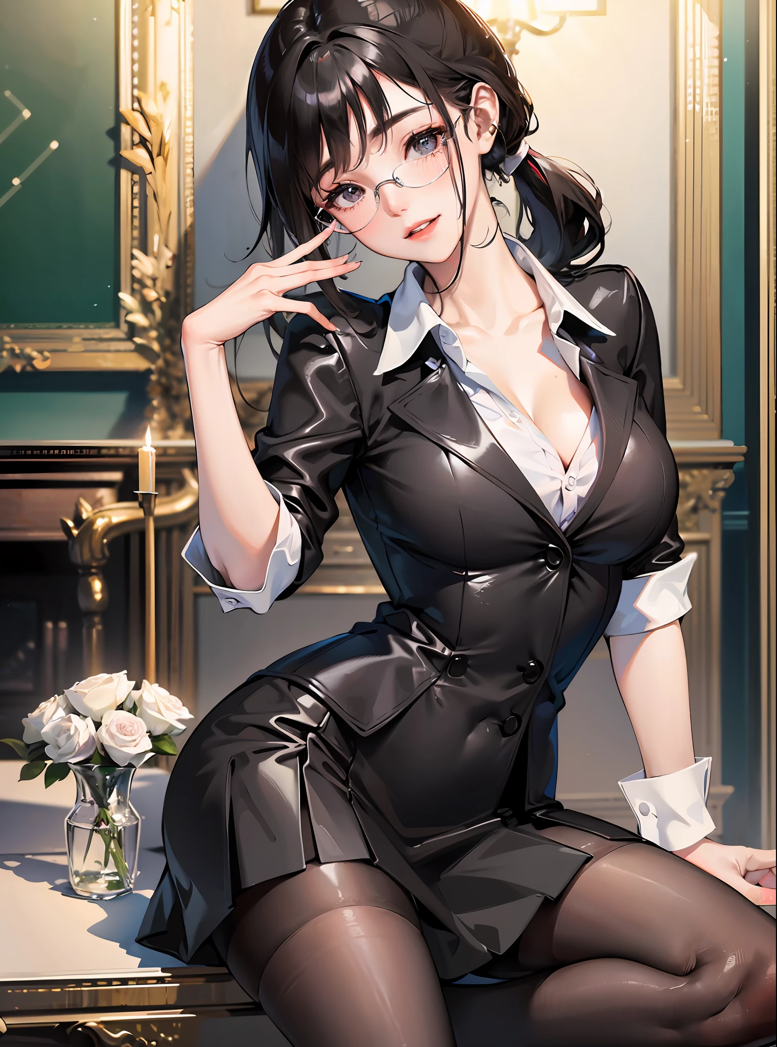 Image in high quality, best quality, best definition, 8k, ultrarealistic, An elegant and sophisticated teacher wearing glasses dresses playfully like an office lady with a short skirt and black socks, revealing her broad chest, cleavage, with long black hair, shiny and silky that reaches to the middle of the back with her ponytail, smiling with his cheeks slightly pink with a slight blush, extremely detailed eyes, extremely detailed hands.