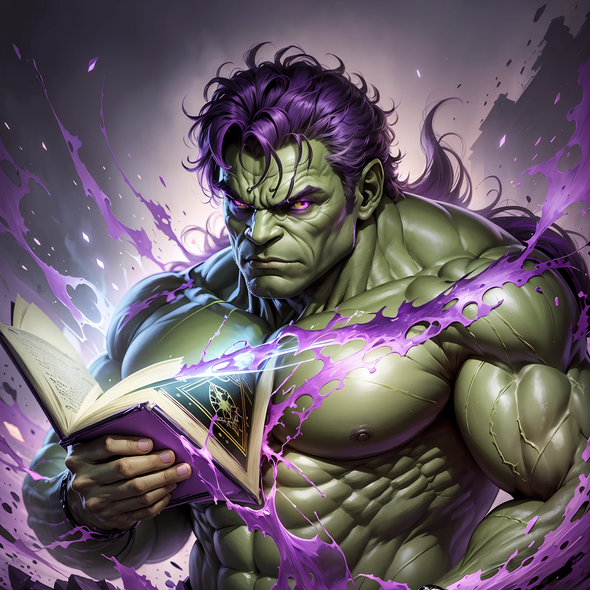 ((master)), better quality, ultra-detailed details, hulk in the dark, holding a book in his hands, hulk with purple skin, purple abstract background. --auto --s2