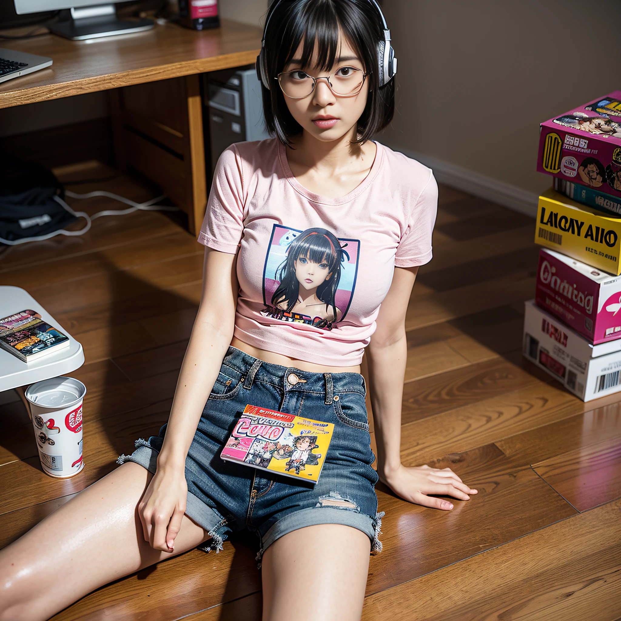 (8k, RAW photos, best quality, masterpieces, : 1.2), (realistic, photorealistic: 1.37), 1 girl, solo, 18 years old Japan girl living in a dirty room, anime otaku girl, black hair, short hair, disheveled hair, unkempt hair, bangs, happy look, small bust, wearing glasses, crop t-shirt with anime character print, shorts, headphones, sitting on the floor, cross-legged, pile of comics on the floor, figure collection case, decorated with a lot of anime character figures, lots of anime character posters on the pink wall, holding a comic book in one hand, potato chips on the desk, spilled potato chips, energy drinks on the desk, messy room, Empty cans on the floor, clothes undressed on the floor, ultra-high resolution, physically based rendering, cinematic lighting, dynamic angles
