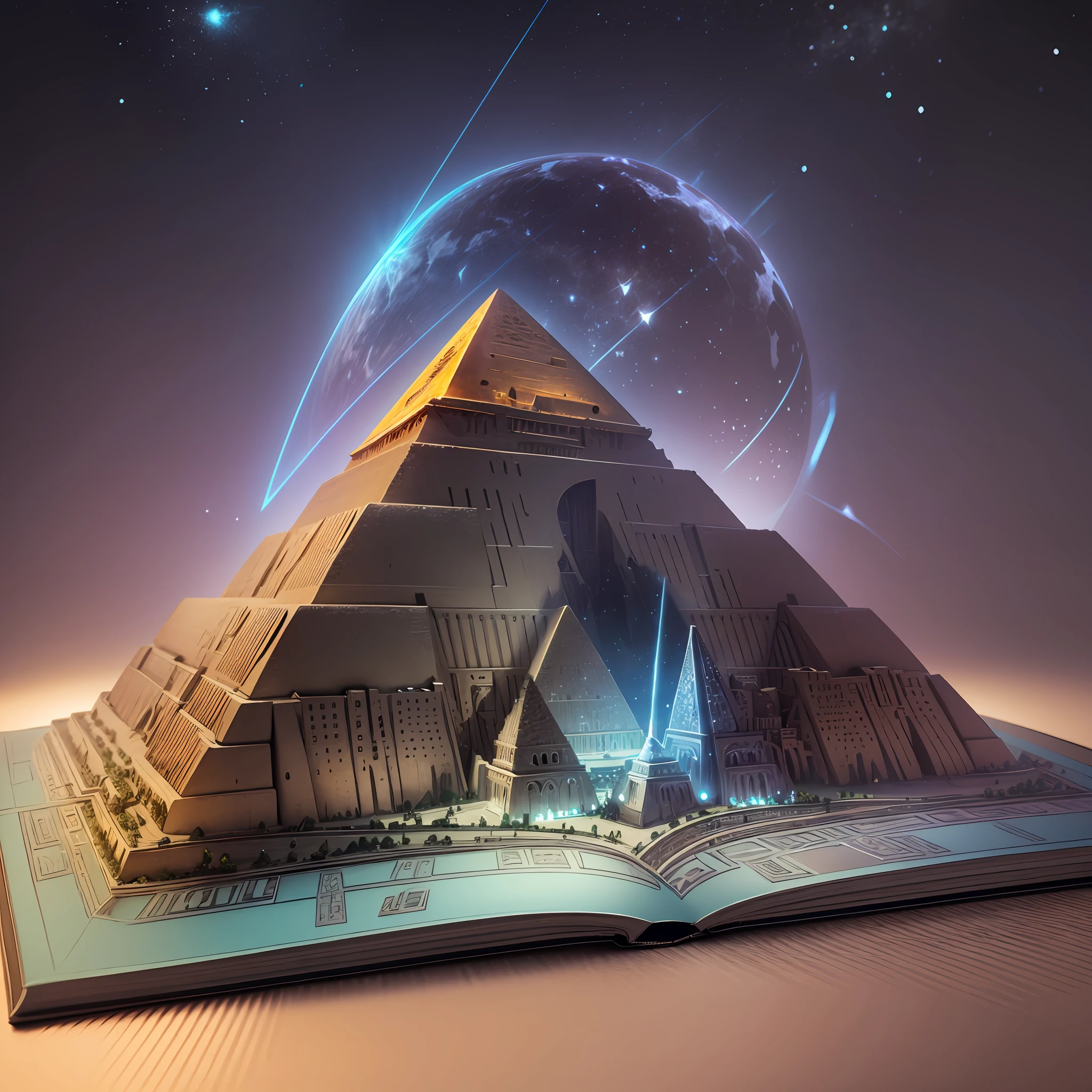 Open holographic magic book with 3d model of Pyramids of Giza city in Egypt grow from this, holographic style, ultra detail, at night