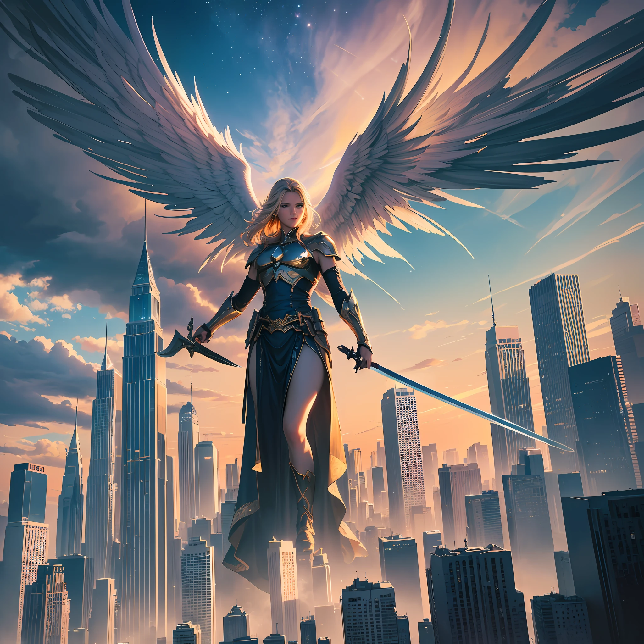 (Beautiful skyline, magnificent sky), (Dramatic and dramatic graphics, moving visuals), (Hanging North Star, colorful natural light), (Close-up, long shot mashup). , an epic painting, a mighty giant angel holding a sword about to destroy a city, makes this painting very detailed, utilizing volume and cinematic lighting, using super large proportions and super 8k resolution