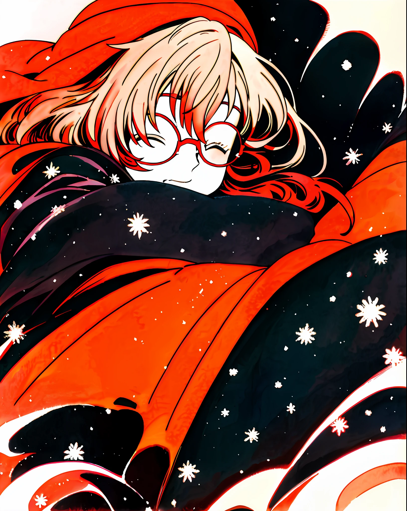 Mirai Kuriyama wearing casual winter clothes, snowing, VHS, vintage, cap, red glasses, (hair covering eyes), black coat, manga style, white background
