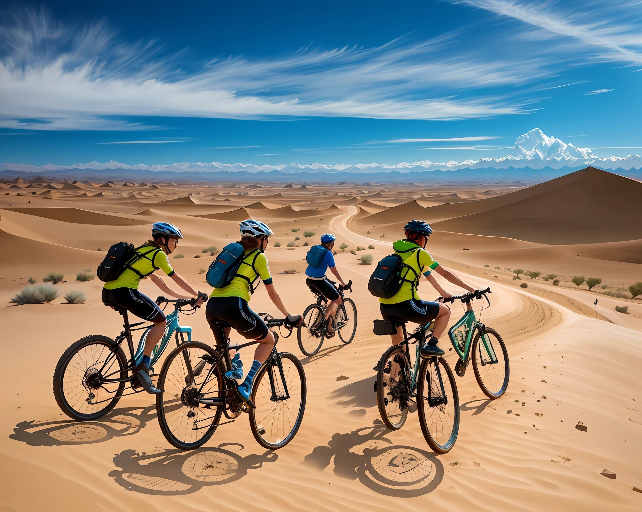 several people riding bikes on a dirt road in the desert, cinematic silk road lanscape, journey, mongolia, exploration, explore, recreation, adventure, motivational, sand dunes, comfortable, travel, unwind!, triumphant, easy go, cycling!!, you won't believe it, extreme drama, touring, decorative, awe - inspiring award - winning, prettt, on dune