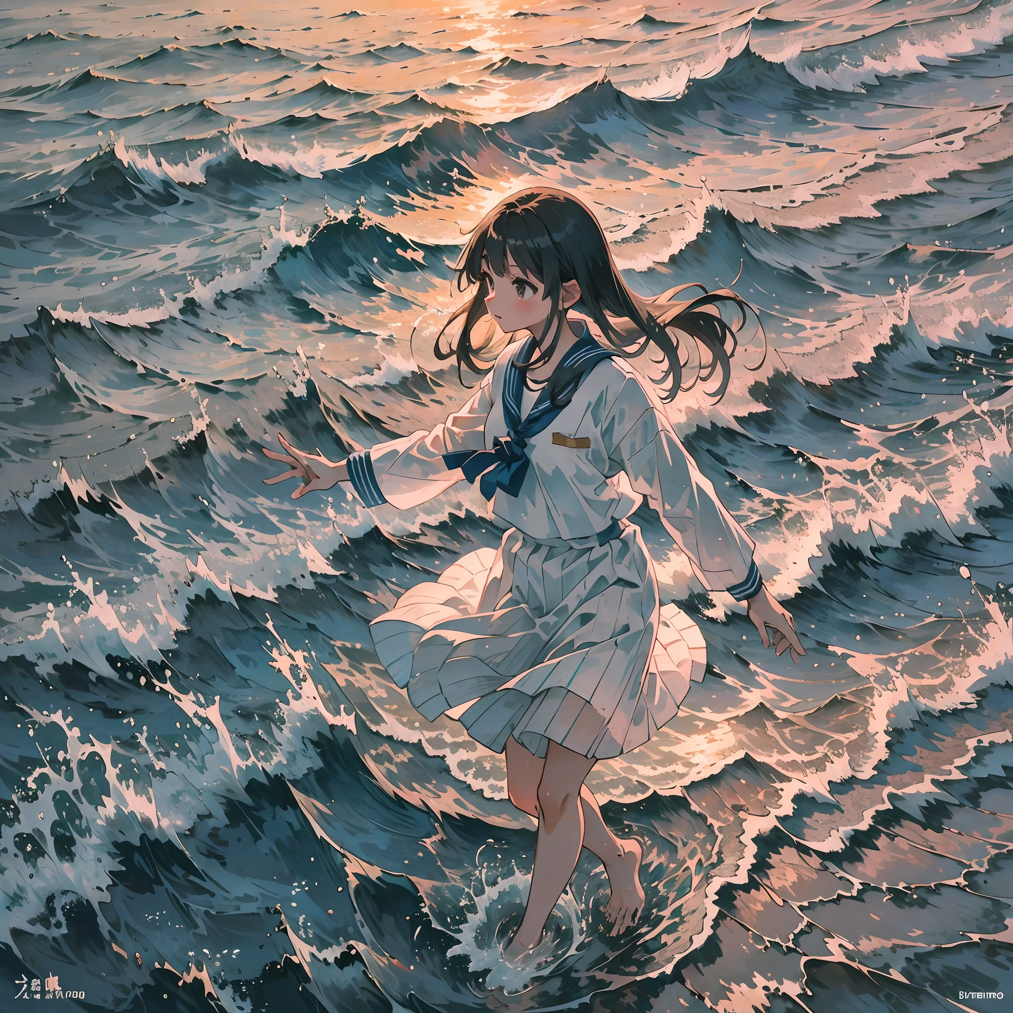 Yoneyama dance style, sunset seaside, high school sailor suit girl, stepping in the sea, facing the back of the sea --auto --s2