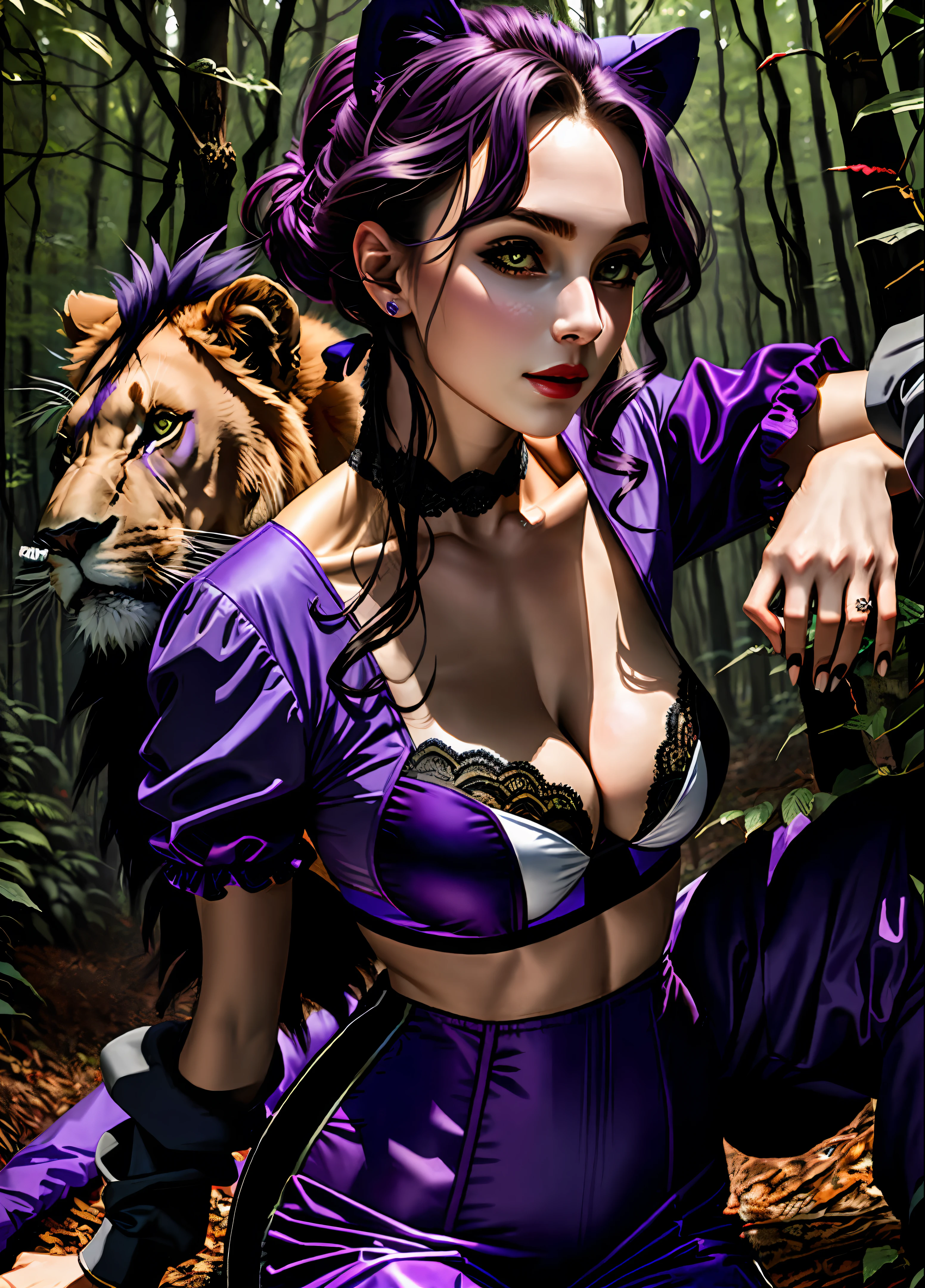 A hot and sexy  female monster in purple outfit inside a forest wildlife playing with a purple lion