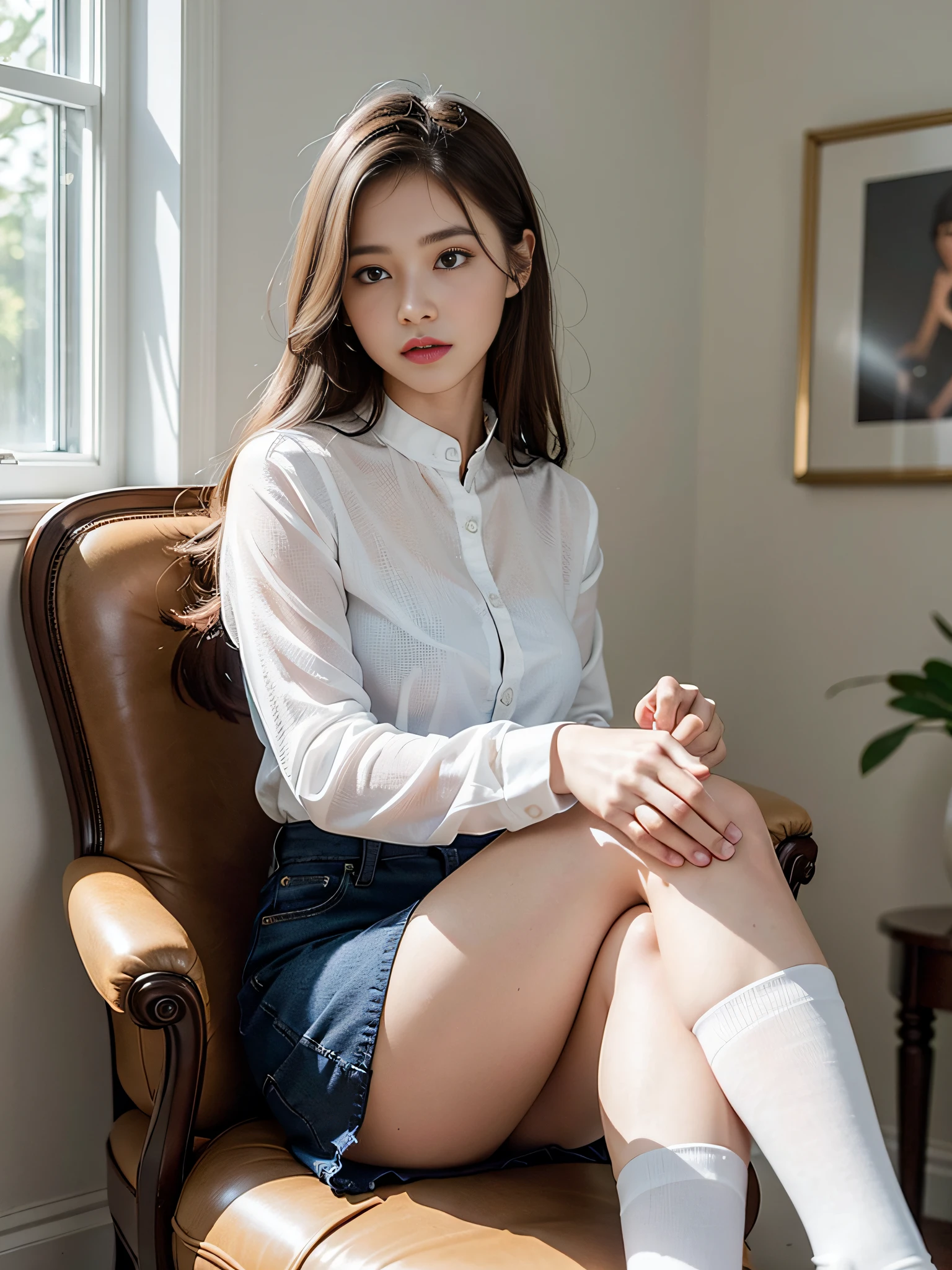 (Photoreal: 1.4), (Hyperrealistic: 1.4), (Realistic: 1.3), (Smooth Lighting: 1.05), (Improved cinematic lighting quality: 0.9), 32K, 1 female, 24 years old business woman, sitting in a chair with her knees together, realistic lighting, backlight, face light, ray tracking, (bright light: 1.2), (Quality improvement: 1.4), (Top quality realistic textured skin: 1.4), Fine detailed eyes, Detailed face, Fine quality eyes, Dark brown eyes, (Tired, sleepy and satisfied: 0.0), White blouse, dark blue tight skirt with slit at the side without fitting ornaments, dark brown hair, pure white silk socks in glossy fabric, pale lighting, white wall background with shadows by the window, Light leaking from the leaves of the tree forms a silhouette and falls on the wall