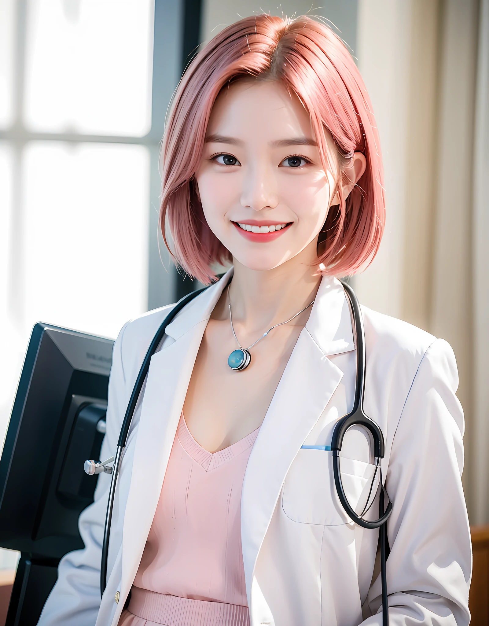 Innocent, gentle smile, lips parted, showing the row of teeth