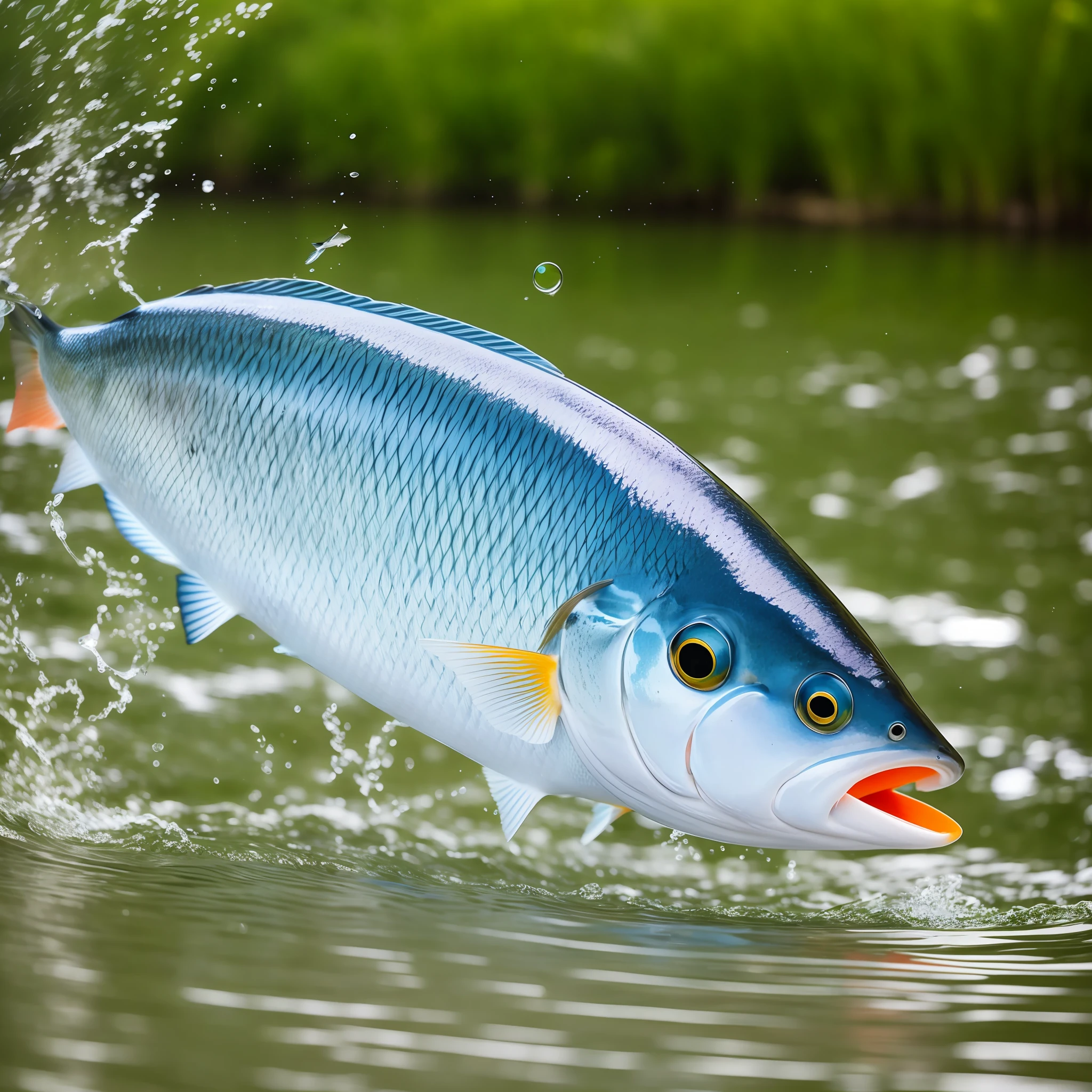 There is a fish jumping out of the water, the fish is flying overhead, the fish is in the background, the details are clear, the fish lens, the focus is clear,
