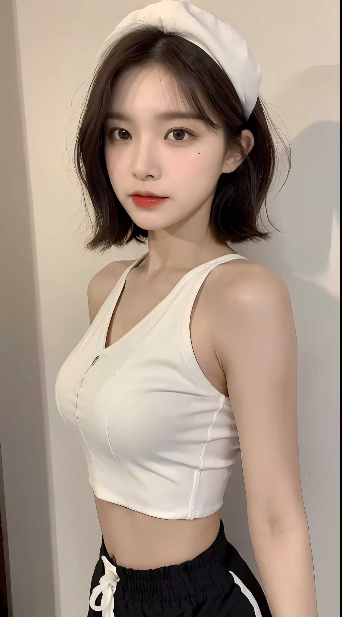((Best Quality, 8K, Masterpiece: 1.3)), (Flower Cap: 1.3), Focus: 1.2, Perfect Body Beauty: 1.4, Buttocks: 1.2, (Layered Haircut: 1.2)), (Dark Street: 1.3), Highly Detailed Face and Skin Texture, Full Body, Delicate Eyes, Double Eyelids, Whitened Skin, short wavy Hair, (Round Face: 1.5), (Loose Crop Top, Shorts: 1.6)