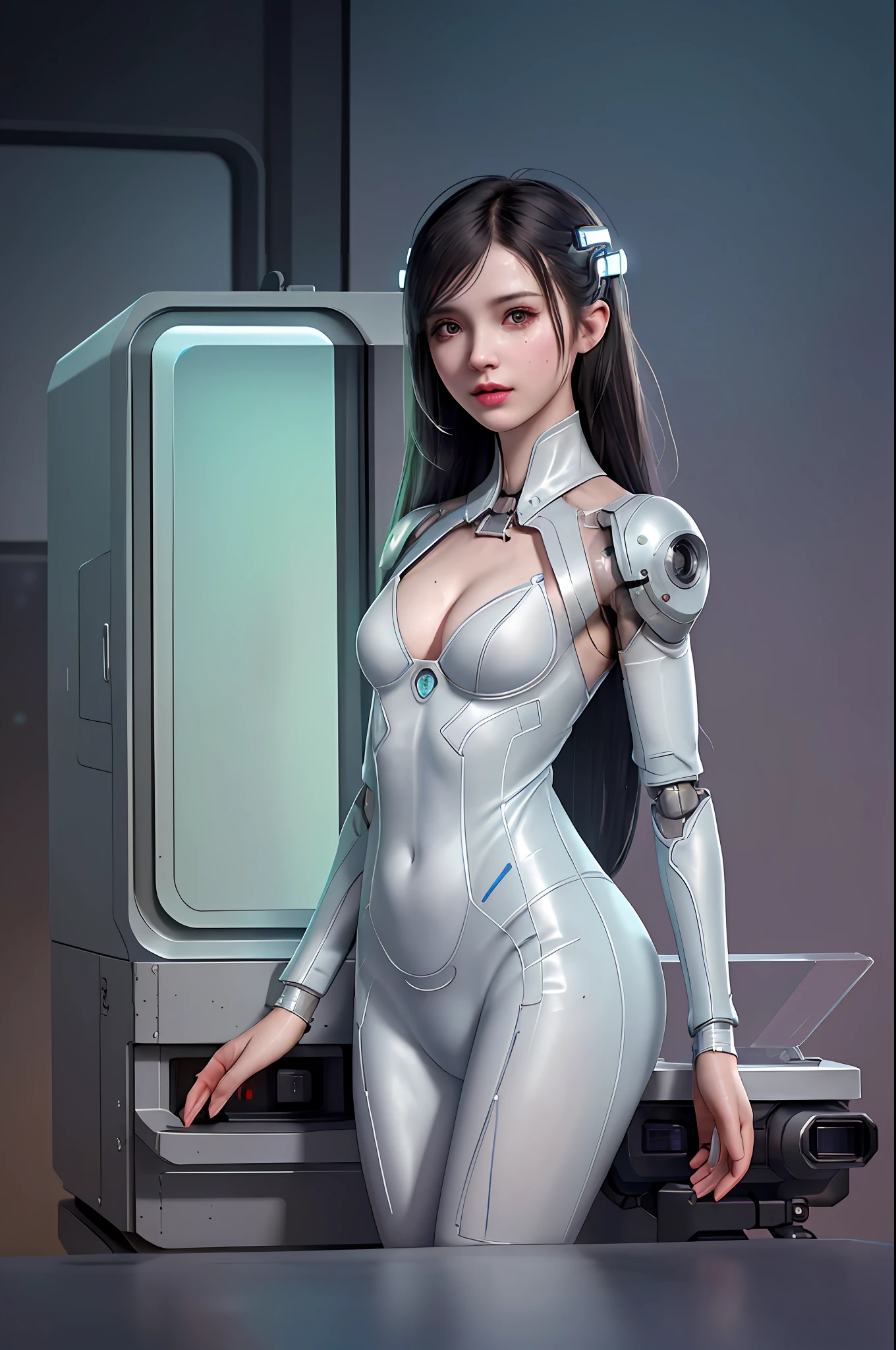 Dystopian, [sci-fi], High Detail RAW color Photo, Full Shot, of (cute female arterial intelligence, cybernetic enhancements), indoors, standing, (inside cryogenic chamber, in advanced cyberpunk research facility), toned physique, (small perky breasts, normal, large ass, (pale skin), (cybernetic implants:1.2), (augmentations), (cyborg:1.1), (detailed skin, diffused skin pores), silicone, metal, (highly detailed, fine details, intricate), (lens flare:0.4), (bloom:0.4), diffused soft lighting, raytracing, shallow depth of field, (Oliver Wetter), photographed on a Canon EOS 5D, 90mm micro lens, f/8, sharp focus, smooth, cinematic film still from Blade Runner 2049, [Cyberpunk:Dieselpunk:0.25]