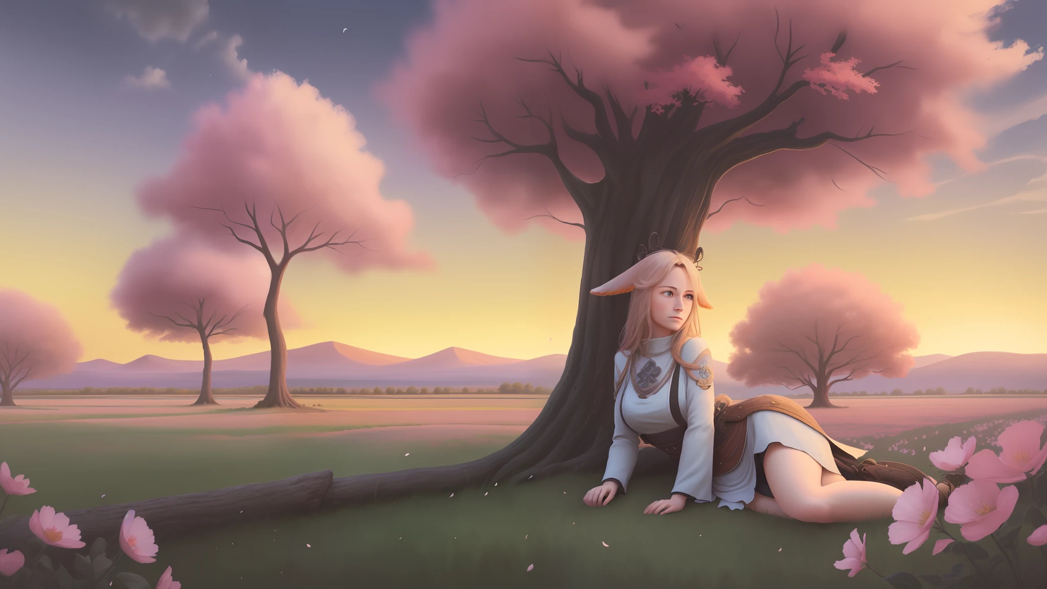 (wonderful landscape, extremely realistic, authentic and beautiful), petals, pasture, blue sky and white clouds, rural environment, relaxing atmosphere, cinematic angle, oil painting filter. --v6
