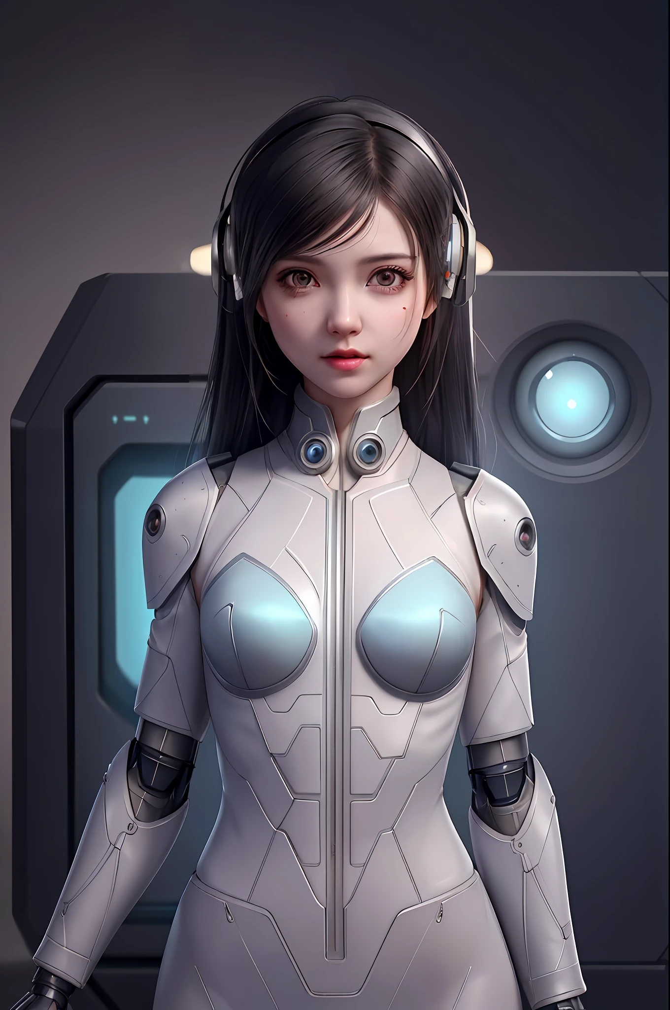 Dystopian, [sci-fi], High Detail RAW color Photo, Full Shot, of (cute female arterial intelligence, cybernetic enhancements), indoors, standing, (inside cryogenic chamber, in advanced cyberpunk research facility), toned physique, (small perky breasts, normal, large ass, (pale skin), (cybernetic implants:1.2), (augmentations), (cyborg:1.1), (detailed skin, diffused skin pores), silicone, metal, (highly detailed, fine details, intricate), (lens flare:0.4), (bloom:0.4), diffused soft lighting, raytracing, shallow depth of field, (Oliver Wetter), photographed on a Canon EOS 5D, 90mm micro lens, f/8, sharp focus, smooth, cinematic film still from Blade Runner 2049, [Cyberpunk:Dieselpunk:0.25]