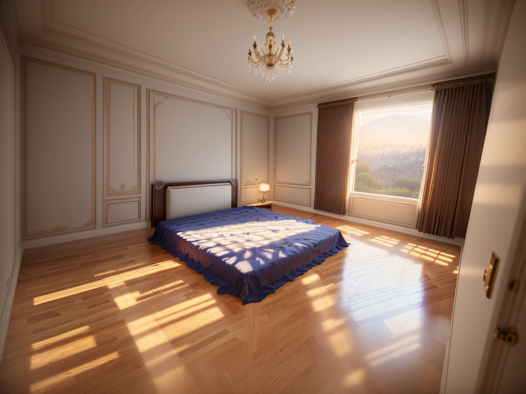 Masterpiece, high quality, best quality, authentic, super detail, interior,neoclassic bedroom,bed, rug,wooden floor,window,curtains,daylight,vray