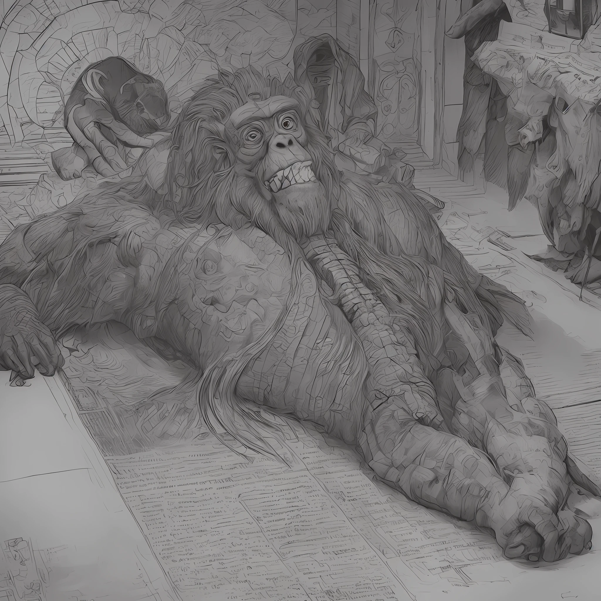 A handmade drawing in black and white on a scroll, a dead monster gorilla, lying on the operating table, anatomy, ((monster anatomy)), masterpiece, detailed, handmade, artbook, pencil, art, (Leonardo da Vinci art), light, autopsy, perfect, super detailed, catacomb, castle