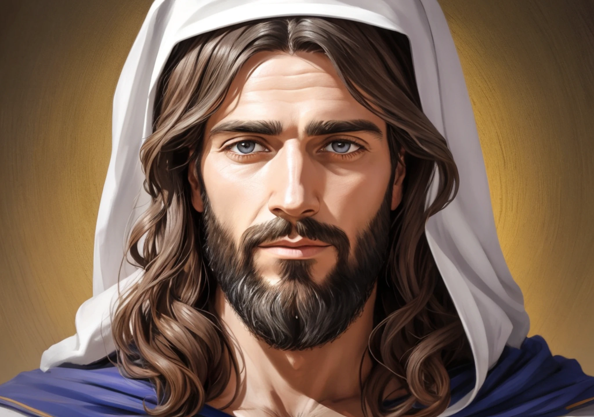 Portrait of Jesus Christ with head covered, Jesus Rabbi, mantle covering head, robe with details written in Hebrew, Jesus Christ, Face of Jesus, Jesus, Close-up portrait, Jesus of Nazareth, Painting of a man, Fan art, Portrait painted in close-up, Extremely realistic, Solo portrait, Nicodemus, Real life portrait, Hyperrealistic portrait, 8K, Ultra detailed --AR 16:9 --auto --s2