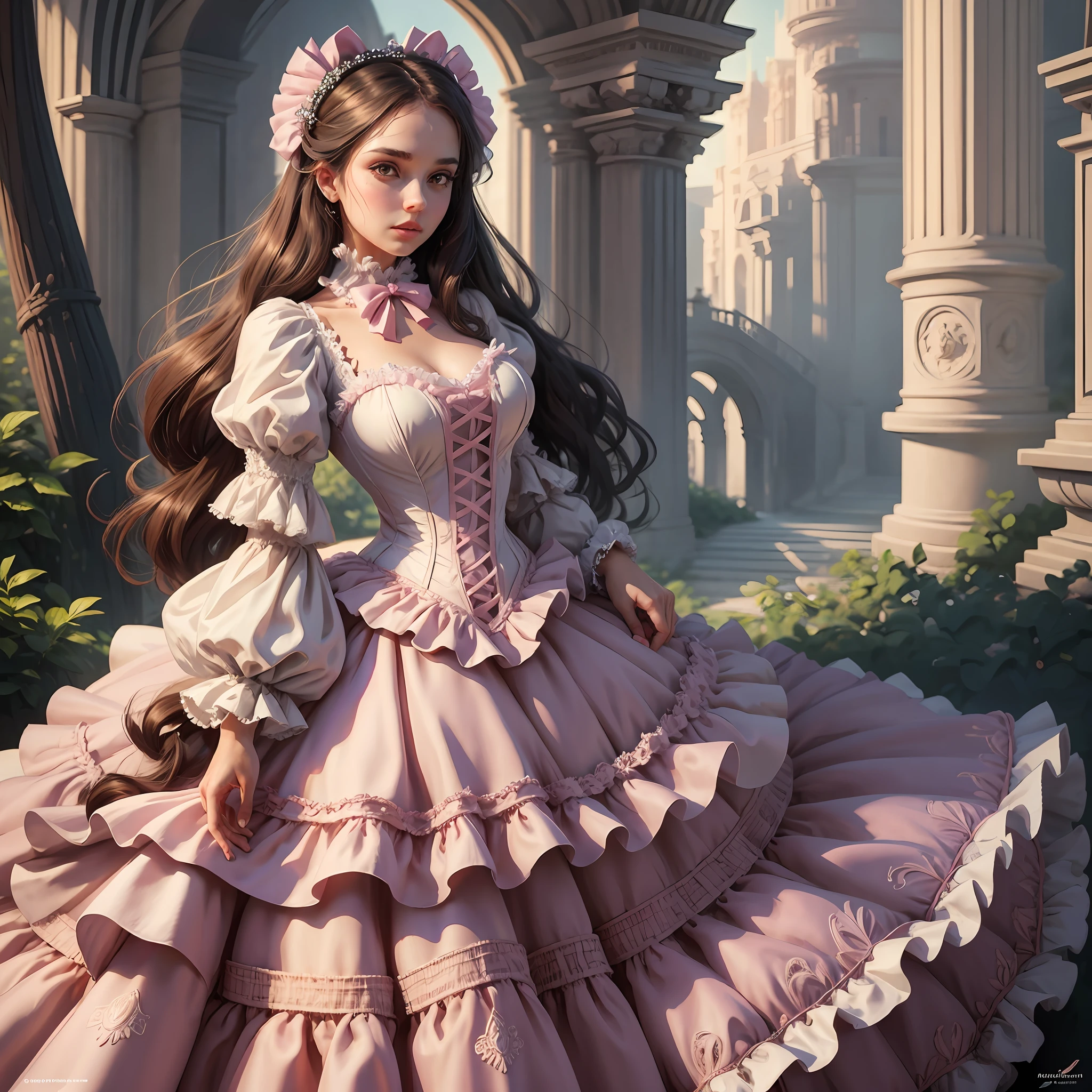 best quality, masterpiece, best definition, artwork, super detailed, many details, details, detailed, woman, 20 years, full body, full body, ball gown, super detailed dress, long dress, dress with many ruffles, dress with many bows, pink bows, victorian dress, detailed victorian dress, victorian dress with bows, pink, ruffles, perfect skin, whole body,  brown hair. --auto --s2