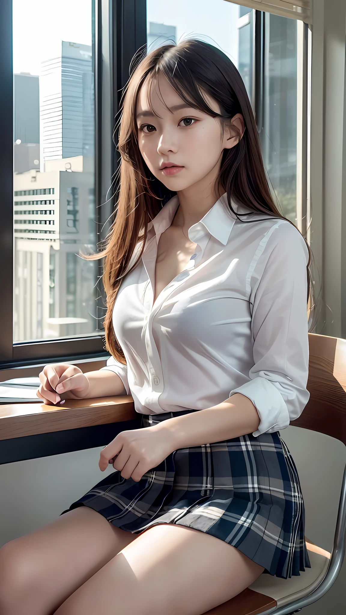 :(Beautiful skyline, magnificent sky), (intense and dramatic graphics, moving visuals), (Hanging North Star, colorful natural light), (close-up, long shot mashup). A girl, classic school uniform. Plaid pleated skirt. Dark blue cardigan. White shirt, (open shirt, open shirt. Clavicle visible). Soft neutral light. School desks, chairs, blackboards and books. Delicate skin, beautiful skin, fair skin, small breasts, slim figure. Transparent face, childish face. Childishness remains. Face the audience. (sitting in a chair, studying),