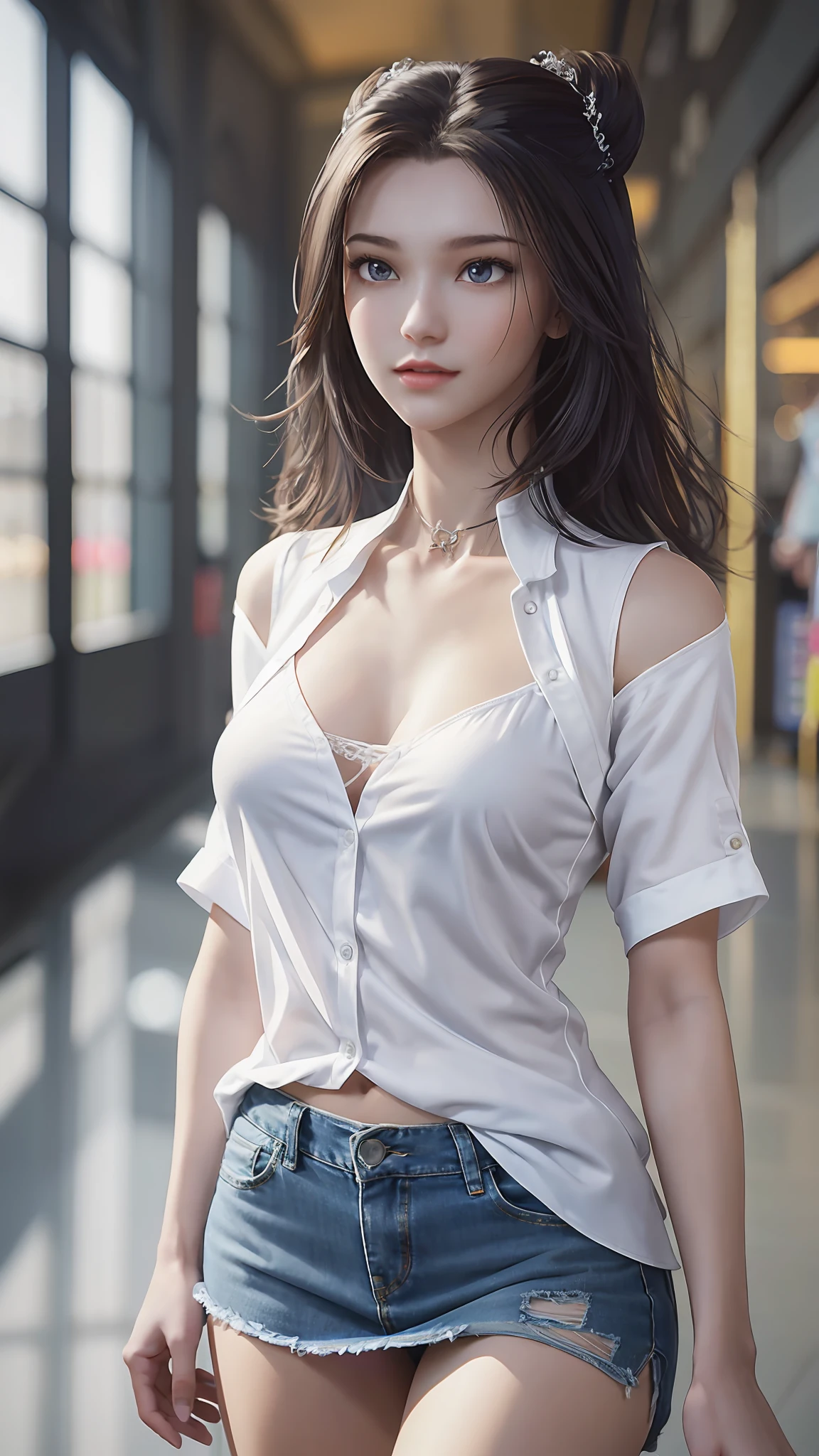 ((dark light, Top Quality, 8k, Masterpiece:1.3)), (Focus:1.2), (in a shopping mall, in China, casual theme, indoor:1.5), (Beauty with slender abs:1.4), ((Layered Haircut, small breast:1.2)), (look through white open shirt:1.6), {no bra:1.5}, (soft clothes, short denim skirt:1.3), Highly detailed face and skin texture, Fine eyes, Double eyelids, whitening skin, (full body:1.4),{holding breast:1.2}