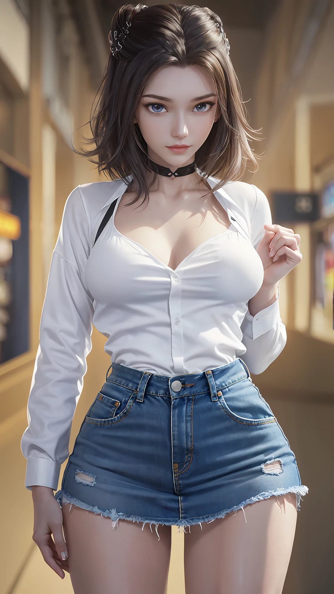 ((dark light, Top Quality, 8k, Masterpiece:1.3)), (Focus:1.2), (in a shopping mall, in China, casual theme, indoor:1.5), (Beauty with slender abs:1.4), ((Layered Haircut, small breast:1.2)), (look through white open shirt:1.6), {no bra:1.5}, (soft clothes, short denim skirt:1.3), Highly detailed face and skin texture, Fine eyes, Double eyelids, whitening skin, (full body:1.4),{holding breast:1.2}