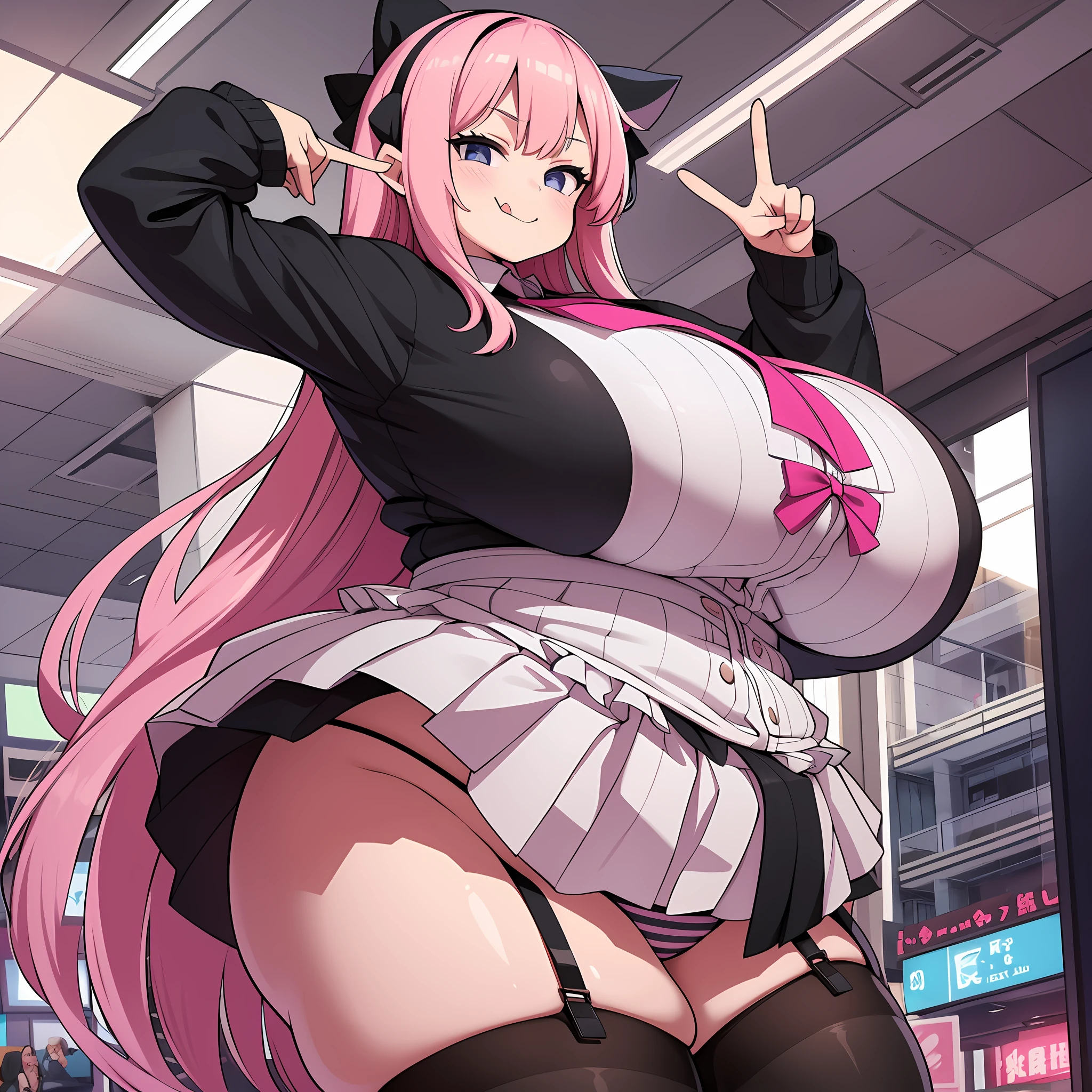 1girl, long pink hair, gigantic ass, black and white striped panties, smug smile, smug, plump, fat, skindentation, fat, overweight, bbw, obese, pleated skirt, , peace sign, tongue out, stockings, massive breasts