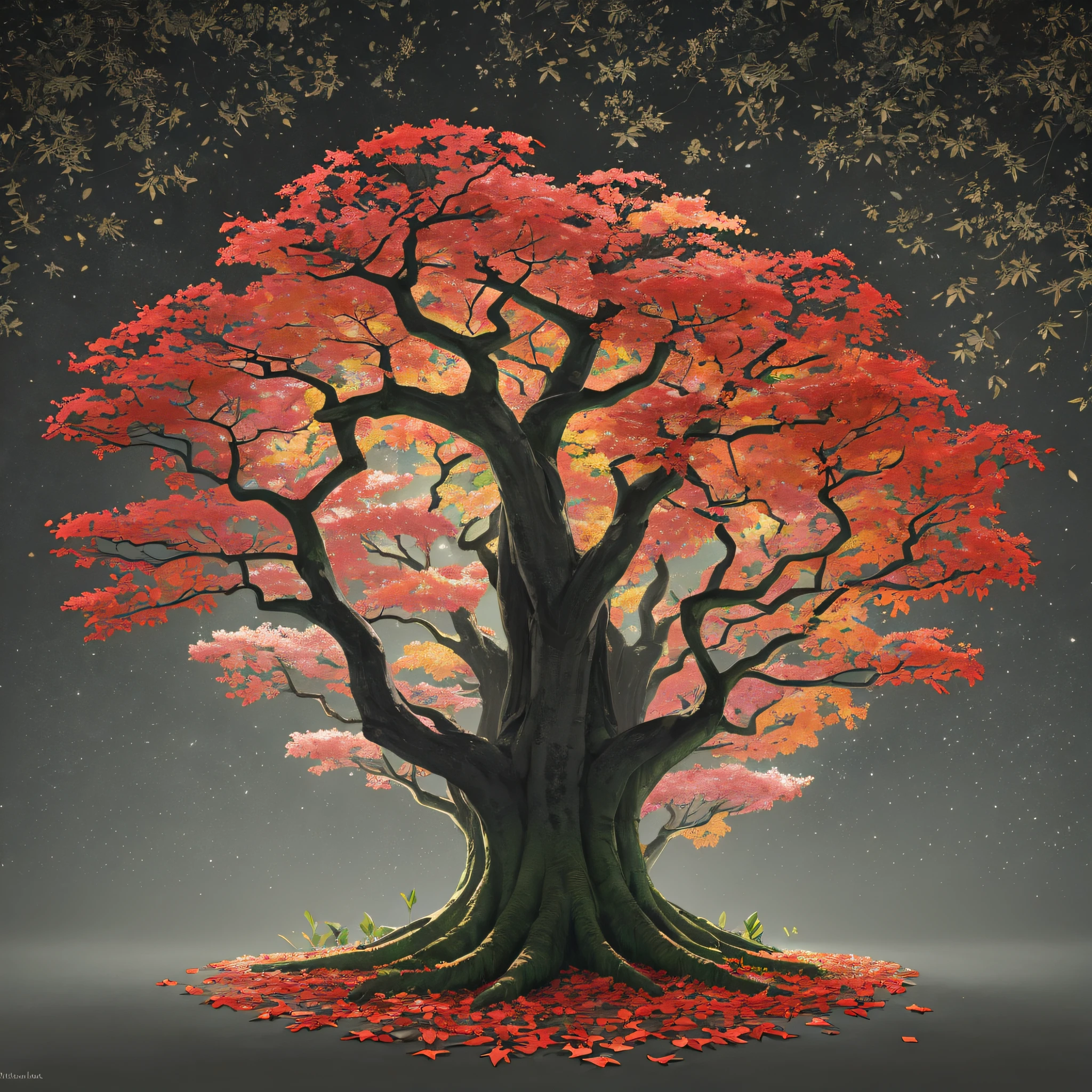 tree of life, leafy tree, thick trunk, with colorful leaves and flowers, dark background, nocturnal, gray.