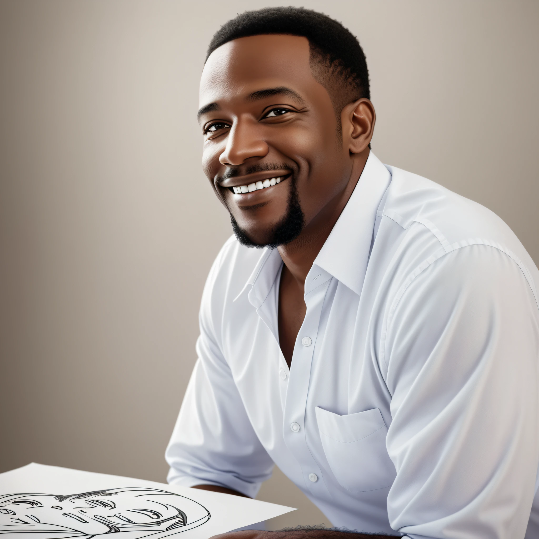 Smiling black man in white shirt, drawing, taken in early 2020, s, headshot profile picture, jeffery smith, he's about 5 0 years old --auto --s2