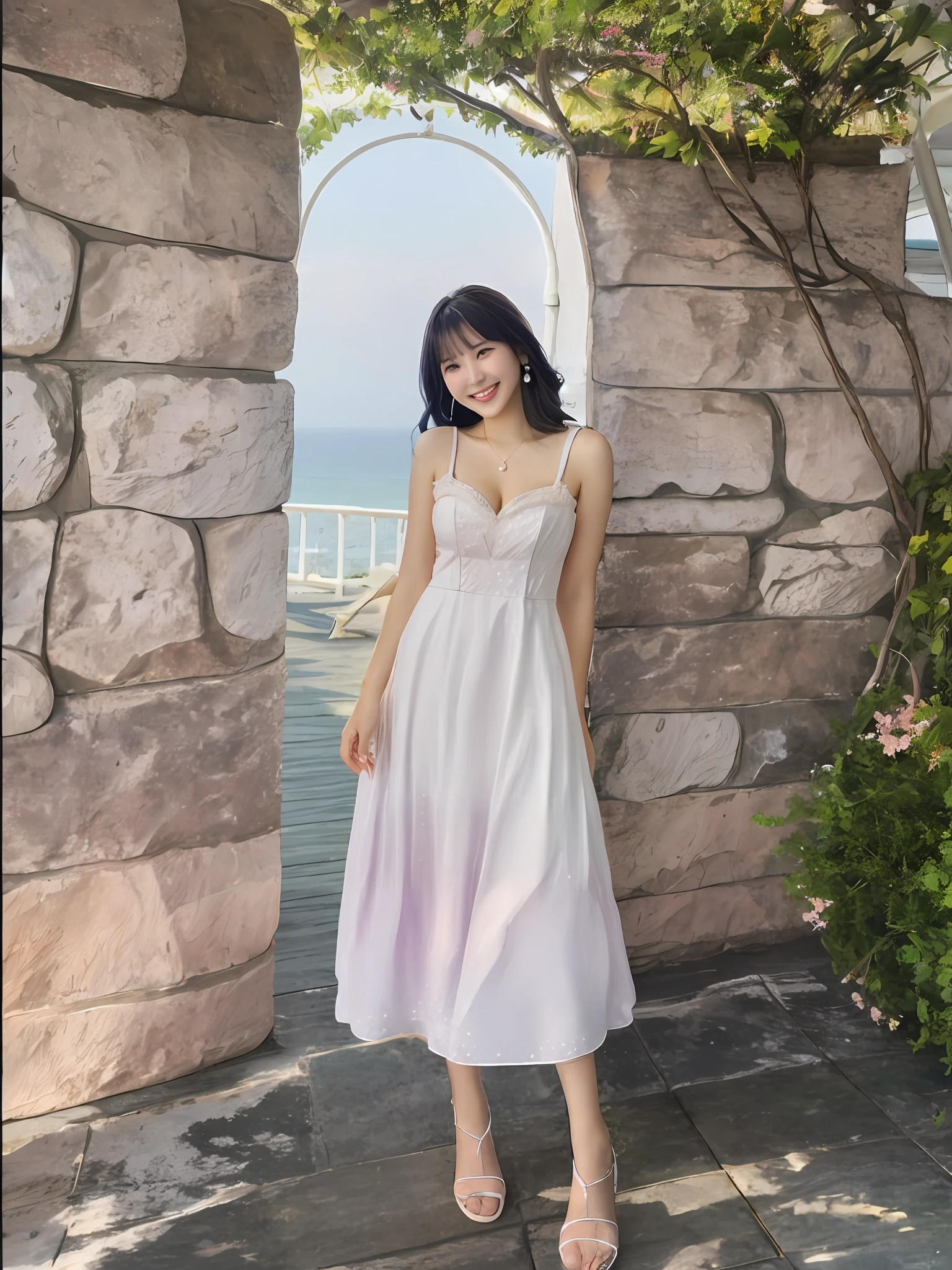 Young Women, cleavage dress, Seaside vacation, summer, smileing, confident, cheerful, stable, serious, charge, Wide range of interests, Read, trip, Explore unknown worlds, wholesome, Mature, Summer sun, Small white leather bag, Pink purple dress, Pearl decoration, White sandals, Pink gemstone decoration, sea breeze, Sea view in the distance