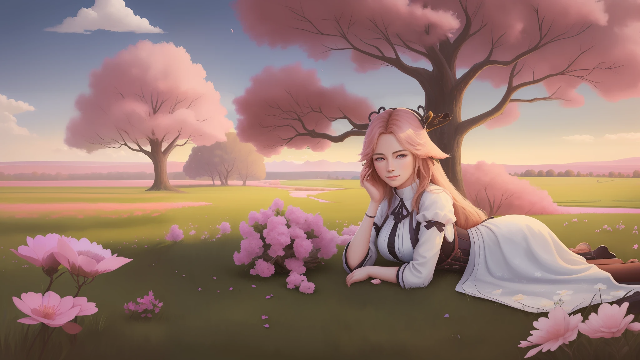(wonderful landscape, extremely realistic, authentic and beautiful), petals, pasture, blue sky and white clouds, rural environment, relaxing atmosphere, cinematic angle, oil painting filter. --v6