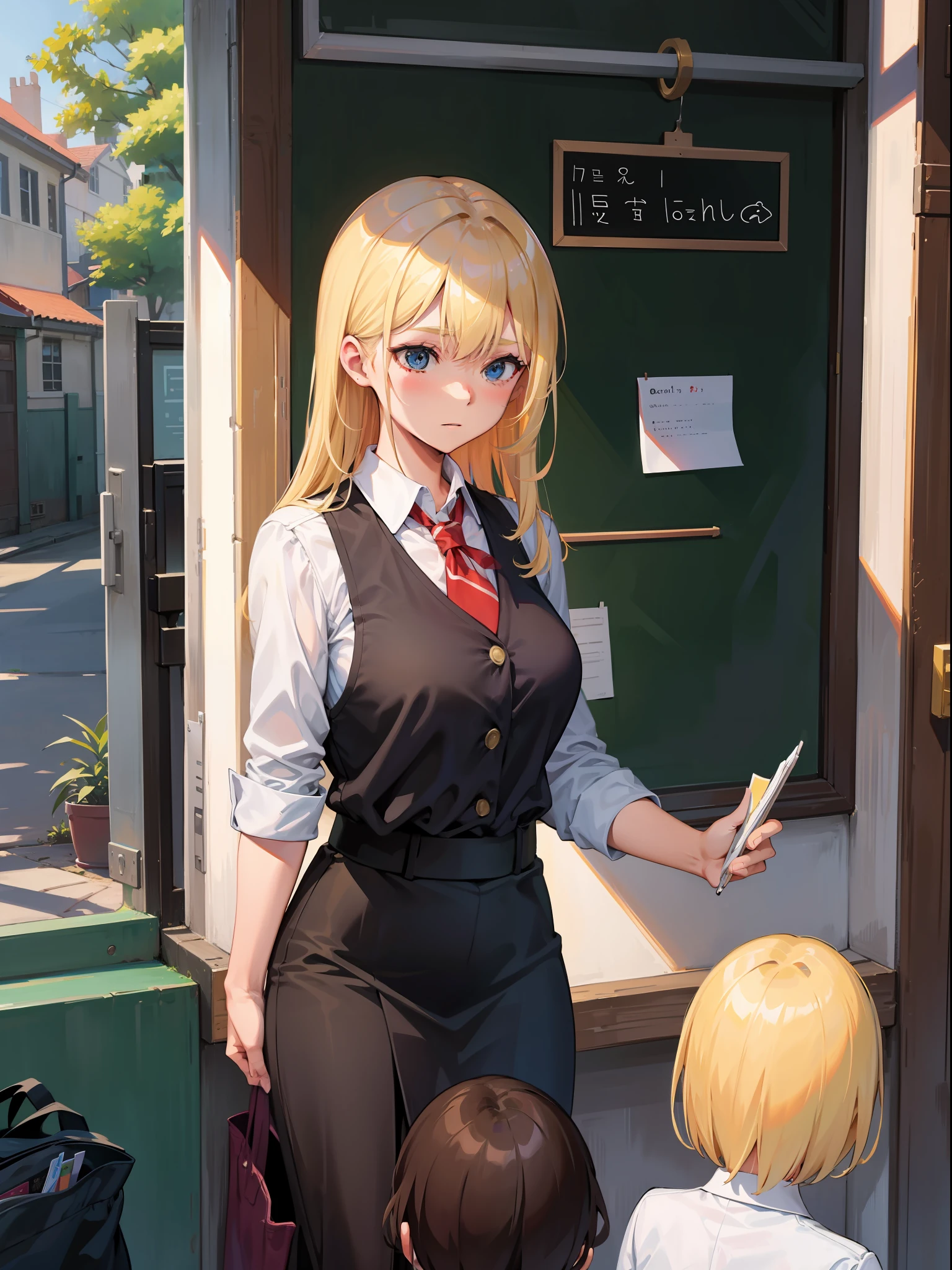 Blond teacher, woman, teaching her pupils, 9 year old kids, outdoors