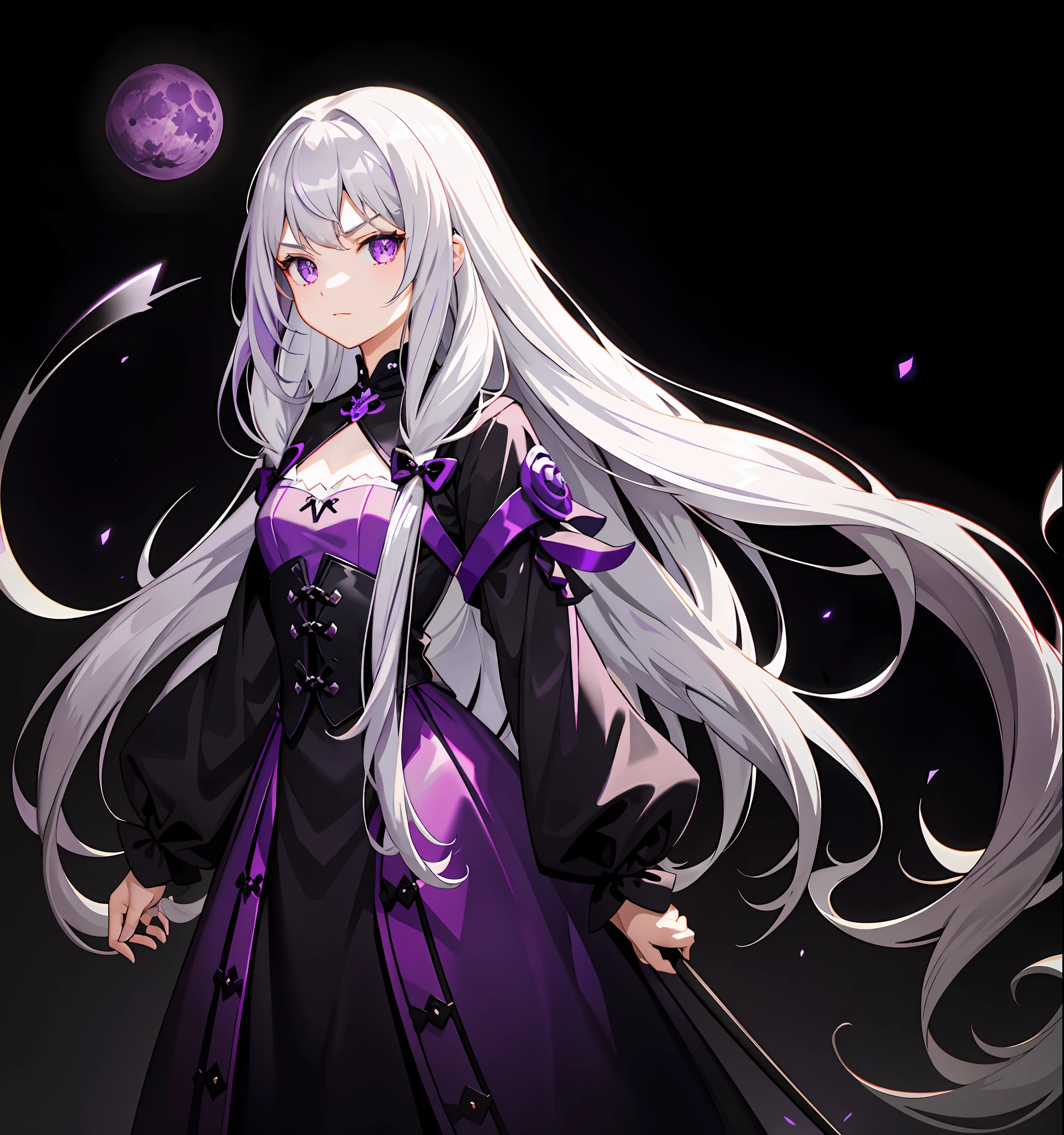 Silver long-haired girl with flat chest and fierce eyes Black clouds cover the purple moon, holding a black-purple longsword. Dressed tightly + purple skirt