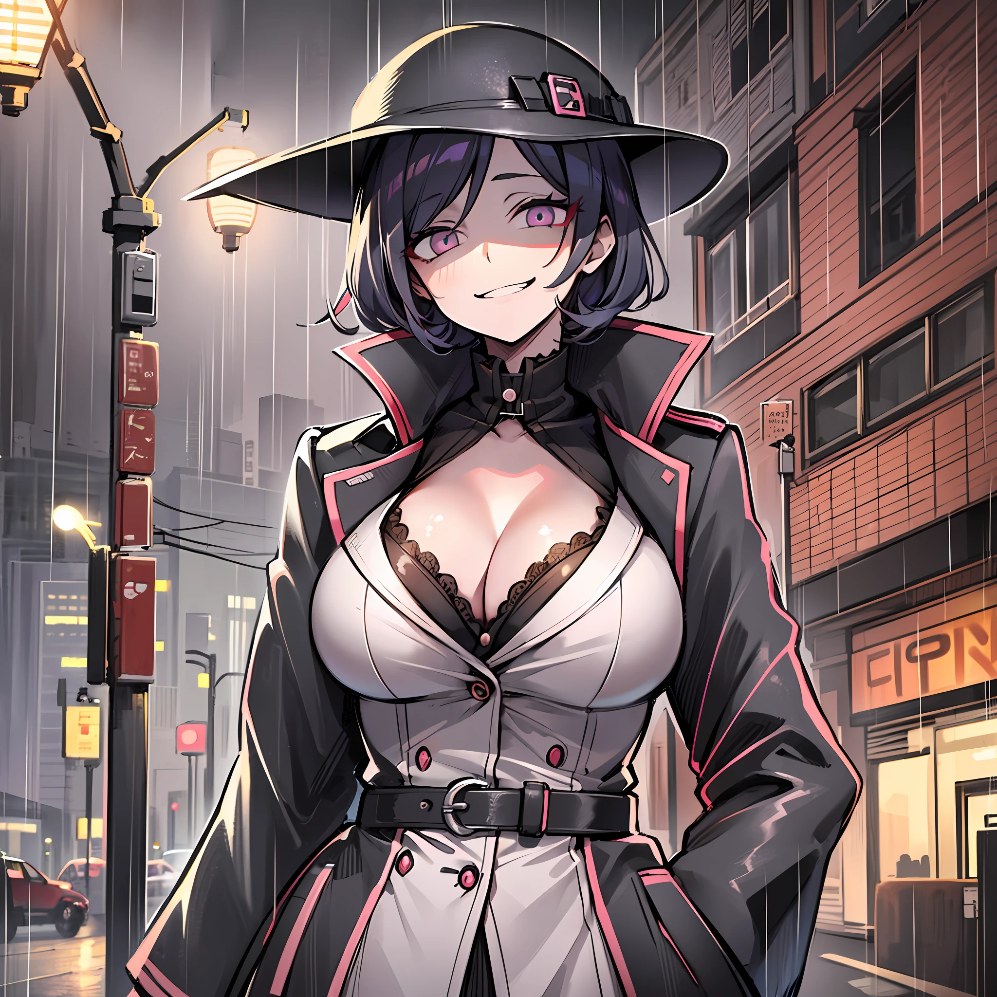 1girl, creepy smile, crazy eyes, trenchcoat, rain, street, streetlight, night, looking at viewer, milf, tall, very tall, big breasts, cleavage, smug
