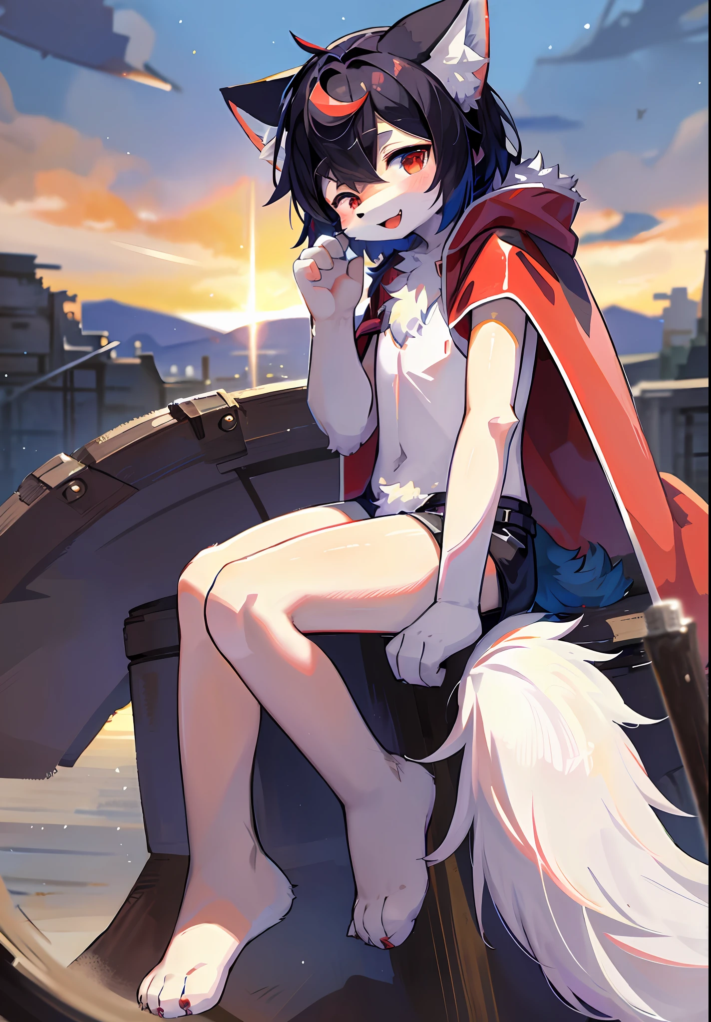 (masterpiece:1.3), (2D:1.0), (anime:1.0), (illustration:1.0), (sharp:1.2), (hard light:1.0), (shadow:1.0),(reflection, refraction:0.8), (light, dappled light, glare, lens flare, Tyndall effect: 1.0), (sharp, shiny: 1.0), (Best Quality: 1.2), (Ultra Fine: 1.0), (Extremely Complex: 1.0), (Blurred foreground, Cinematic Light, Ray Tracing: 1.1), (bright_colors, dark_intense_shadows: 1.1), (Impasto, Colorful: 1.2), (warm_light_from_below, glow_white_ particles:1.1),(Ensemble_Stars! _\(style\):0.95). wolf_boy,anthro,uploaded_on_e621,solo,upper_body,cowbow_shot,male_focus,furry_kemono,furry_male,cub,young_male,bishounen,11_years_old,kawaii,cute,fancy,fragile,cool, handsome. detailed_fluffy_fur,tuft,(white_fur,body_fur,oil_skin,skin_with_fluffy_fur:1.3),animal_nose,animal_ear_fluff,fluffy_paws,pawpads,animal_hand,fluffy_big_tail。 Blue clothes, (black and red hooded cape, red and black hoodie: 1.5), short male hair, black hair, purple eyes, closed eyes, bangs, open mouth, smile, light blush, goggles, hands raised, stars raised, bottomless, (feet apart, sitting position: 1.2), looking at the audience. (night, starry_sky, crescent_moon, star_\(sky\), gem, plant, star_\(symbol), sparkle), outdoor, landscape.