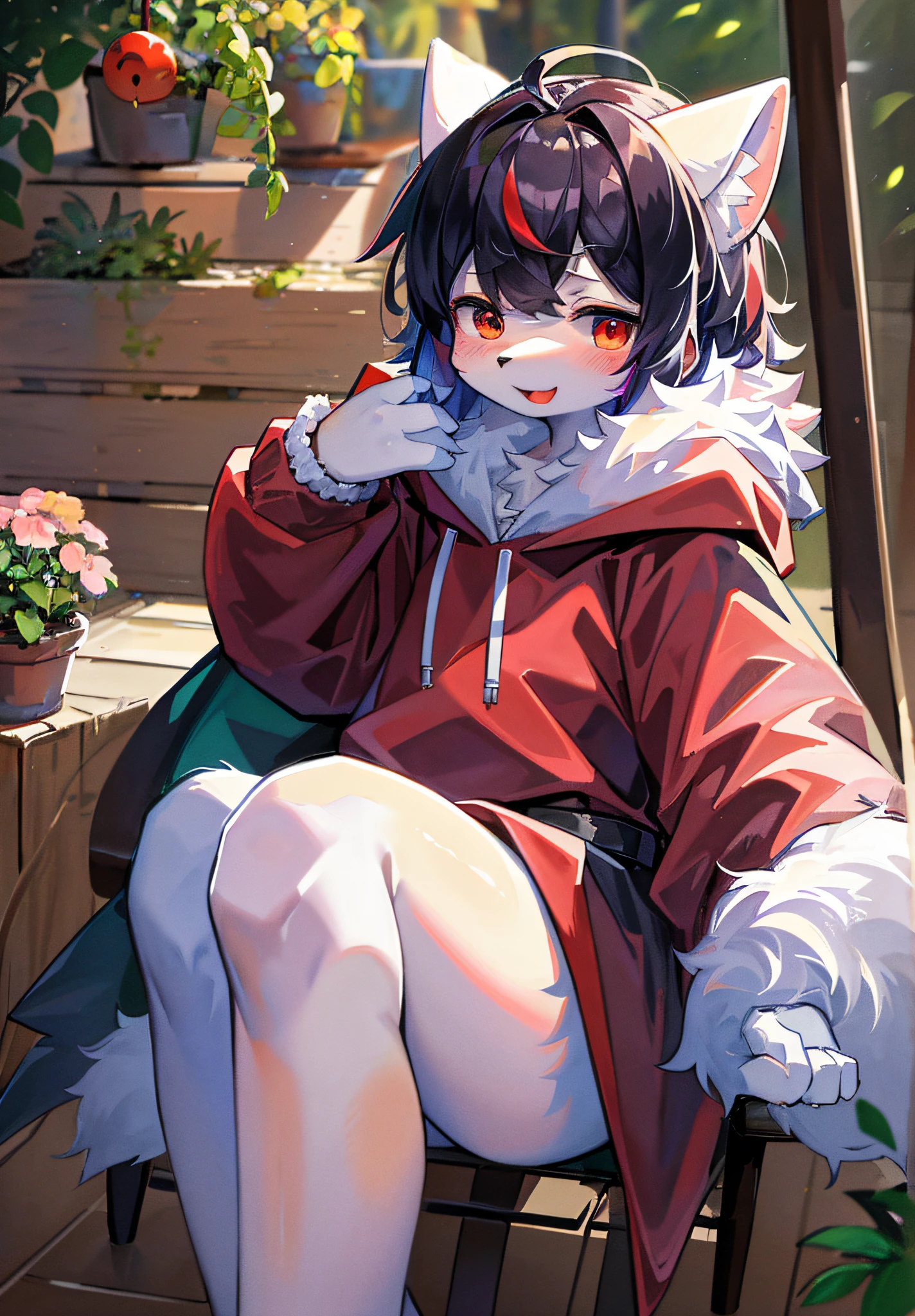 (masterpiece:1.3), (2D:1.0), (anime:1.0), (illustration:1.0), (sharp:1.2), (hard light:1.0), (shadow:1.0),(reflection, refraction:0.8), (light, dappled light, glare, lens flare, Tyndall effect: 1.0), (sharp, shiny: 1.0), (Best Quality: 1.2), (Ultra Fine: 1.0), (Extremely Complex: 1.0), (Blurred foreground, Cinematic Light, Ray Tracing: 1.1), (bright_colors, dark_intense_shadows: 1.1), (Impasto, Colorful: 1.2), (warm_light_from_below, glow_white_ particles:1.1),(Ensemble_Stars! _\(style\):0.95). wolf_boy,anthro,uploaded_on_e621,solo,upper_body,cowbow_shot,male_focus,furry_kemono,furry_male,cub,young_male,bishounen,11_years_old,kawaii,cute,fancy,fragile,cool, handsome. detailed_fluffy_fur,tuft,(white_fur,body_fur,oil_skin,skin_with_fluffy_fur:1.3),animal_nose,animal_ear_fluff,fluffy_paws,pawpads,animal_hand,fluffy_big_tail。 Blue clothes, (black and red hooded cape, red and black hoodie: 1.5), short male hair, black hair, purple eyes, closed eyes, bangs, open mouth, smile, light blush, goggles, hands raised, stars raised, bottomless, (feet apart, sitting position: 1.2), looking at the audience. (night, starry_sky, crescent_moon, star_\(sky\), gem, plant, star_\(symbol), sparkle), outdoor, landscape.
