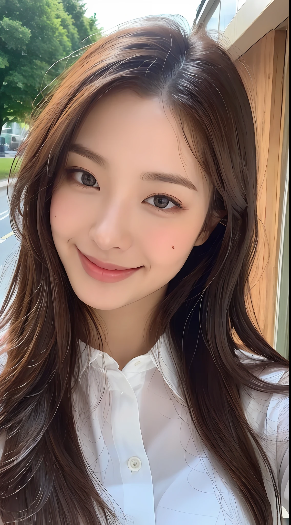 ((Best Quality, 8K, Masterpiece: 1.3)), Sharp Focus: 1.2, A Beautiful Woman with Perfect Figure: 1.4, Slim Abs: 1.2, (Layered Hairstyle,: 1.2)), (Wet White Button Long Shirt: 1.3), Rain: 1.3, Street: 1.2, Wet Body: 1.1, Highly Detailed Face and Skin Texture, Detailed Eyes, Double Eyelids, Big Breasts, Smile,