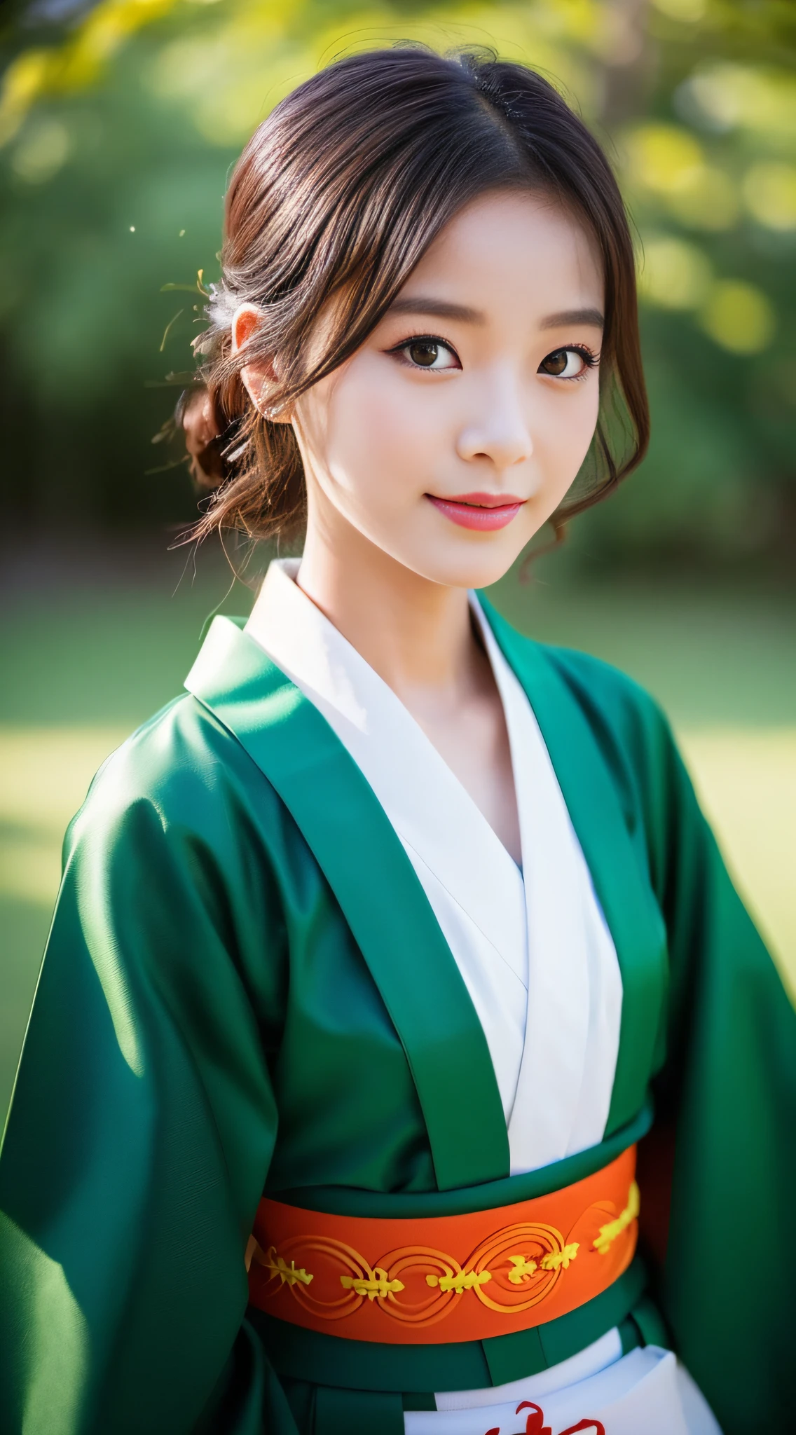 ((Top Quality, 8K, Masterpiece: 1.3)), Sharp Focus: 1.2, (Super Beautiful Face: 1.0), (Slender Abs Beauty: 1.0), (Shiny Skin: 1.0), Realistic Photography, Black Hair, Realistic Pupils, Video Lighting, High Definition Eyes and Face, Video Lighting, (Cowboy Shot: 1.3), (kimono, hakama, obi: 1.4), (Korean Cute Actress), in nature, traditional kimono, happy, Looking at the audience, head on,