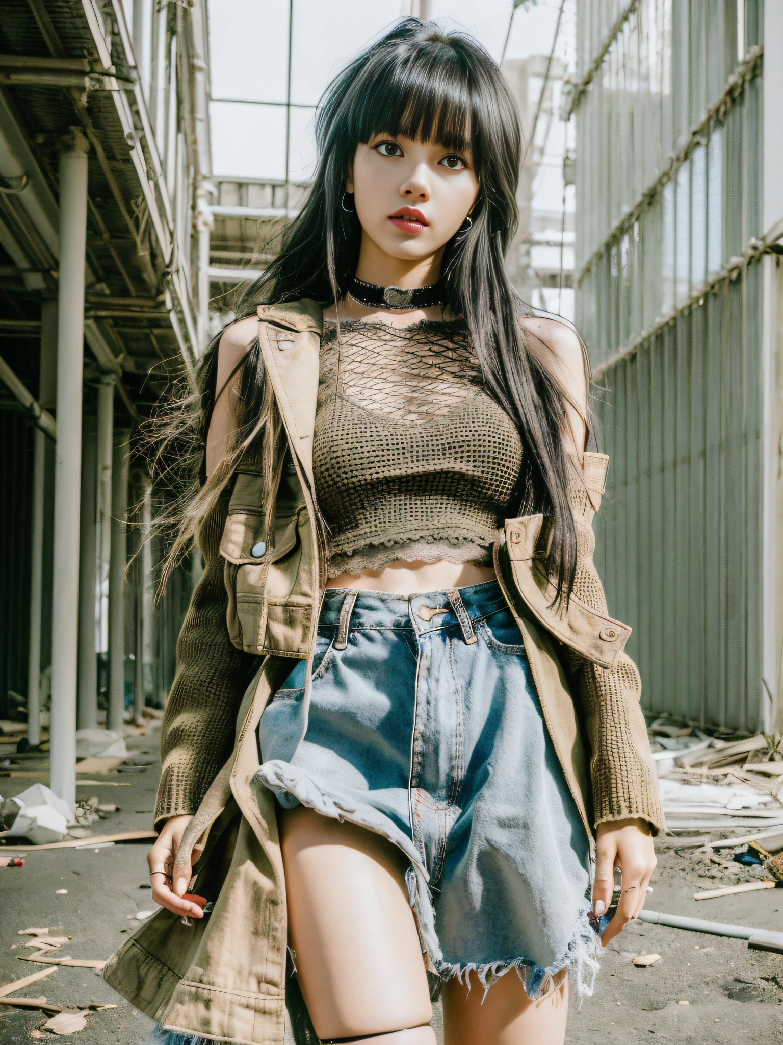 Lisa light yellow long hair, Lisa face shape, wasteland punk style, wearing loose deconstructed bottom knit, khaki torn deconstructed lace-up knit, white underwear, sexy, open waist, khaki pleated skirt, long legs, black gray tone, background loess ruins, masterpiece, superlative, realistic, HD, photographic lighting, 16k