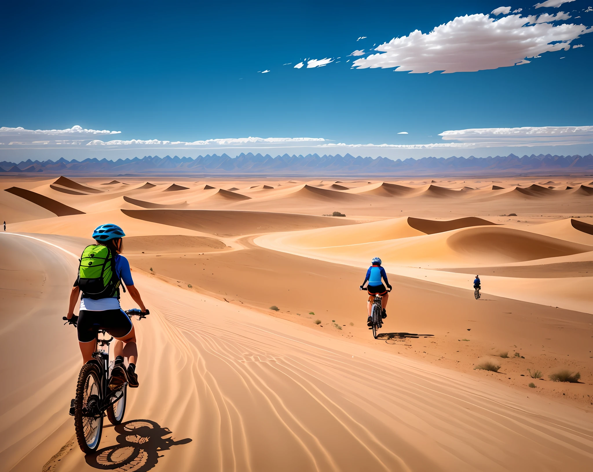 several people riding bikes on a dirt road in the desert, cinematic silk road lanscape, journey, mongolia, exploration, explore, recreation, adventure, motivational, sand dunes, comfortable, travel, unwind!, triumphant, easy go, cycling!!, you won't believe it, extreme drama, touring, decorative, awe - inspiring award - winning, prettt, on dune