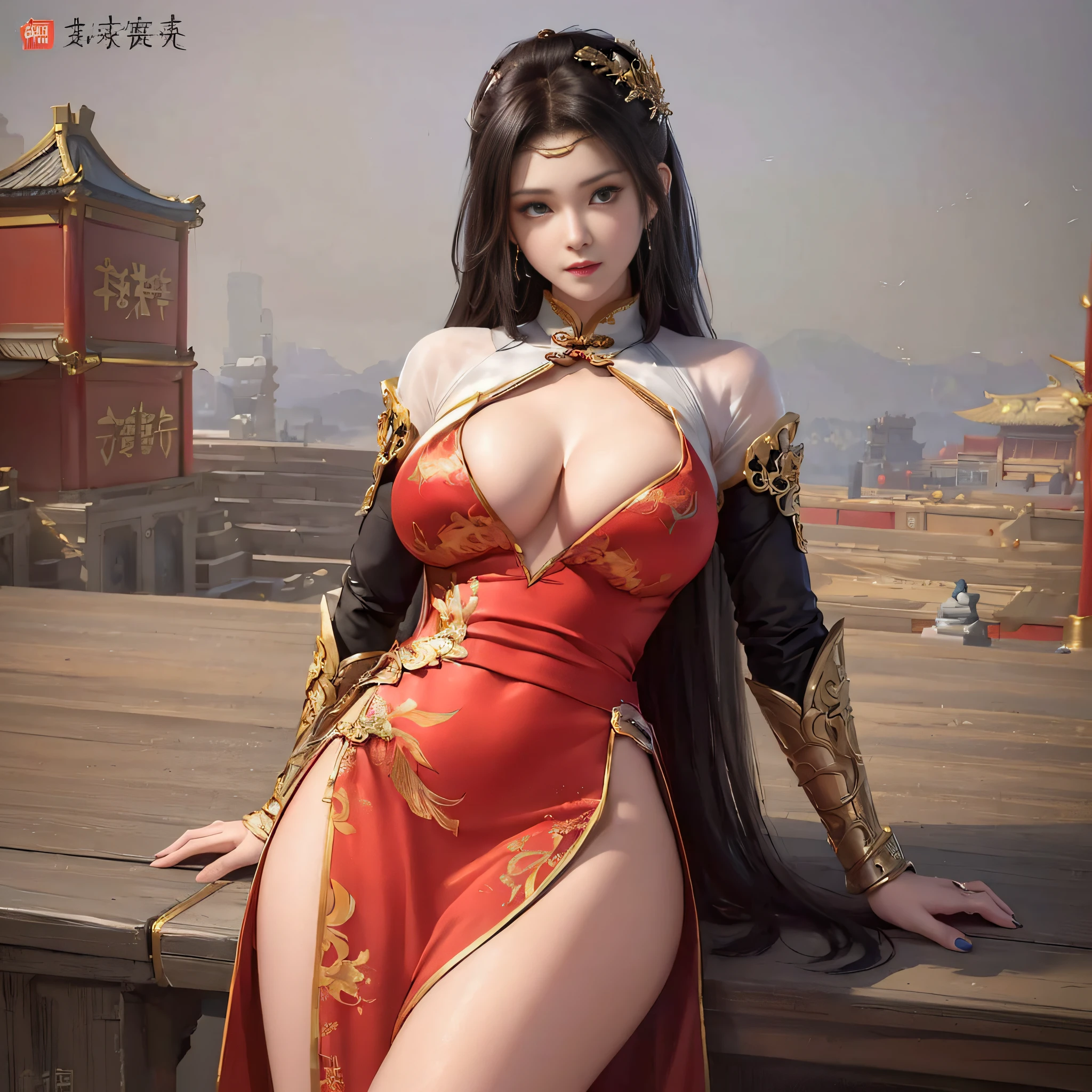 a close up of a woman in a red dress posing on a ledge, trending on cgstation, by Yang J, a beautiful fantasy empress, trending at cgstation, full body xianxia, ruan jia and artgerm, bian lian, japanese goddess, chinese girl, by Ren Xiong, by Leng Mei, by Fan Qi, by Yang Jin