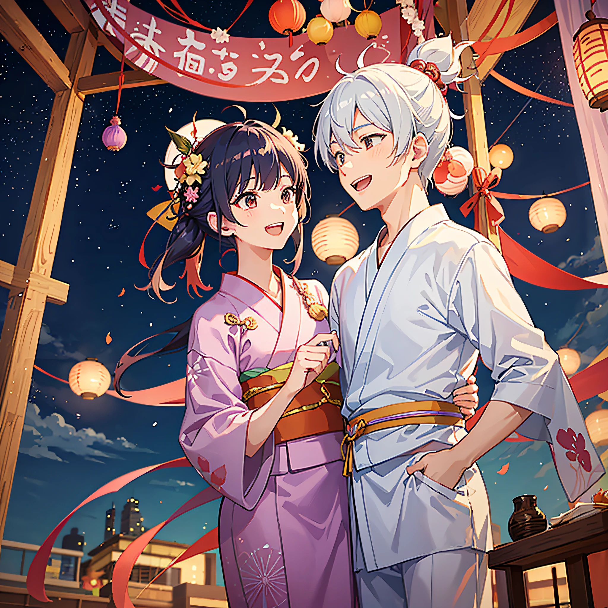 A couple male and female at tanabata festival, a female wearing yukata, male wearing male yukata, laugh together, anime style, landscape, show the scenery of tanabata festival, show the romantic atmosphere