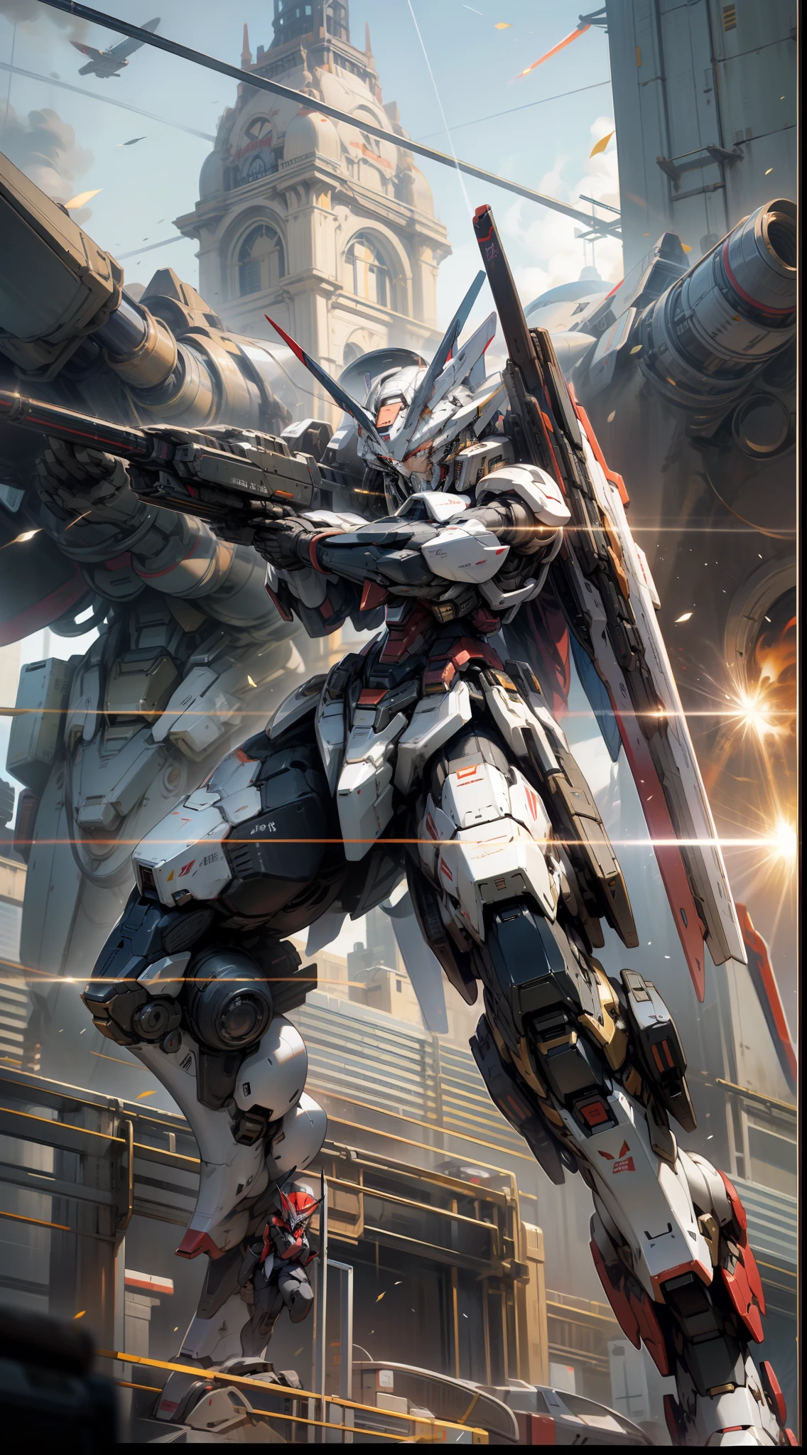Surrealism, Ray Tracing, Photorealistic, UHD, High Detail, 32k, Best Quality, Textured Skin, Gundam Mecha, Flight, Funnel, Mecha Ship, Masterpiece, Best Quality, Mecha, Unmanned, (Full Body), (Black Mecha: 1.8), (Axisymmetric: 1.4), (HDR), (Movie Light: 1.1), White Eyes, Cool, Science Fiction, Fire, Universe, oversized shield, mecha man overlooking the background of the earth, with laser cannon beams, wars, conflicts, weapons in hand (has a huge weapon: 1.5),