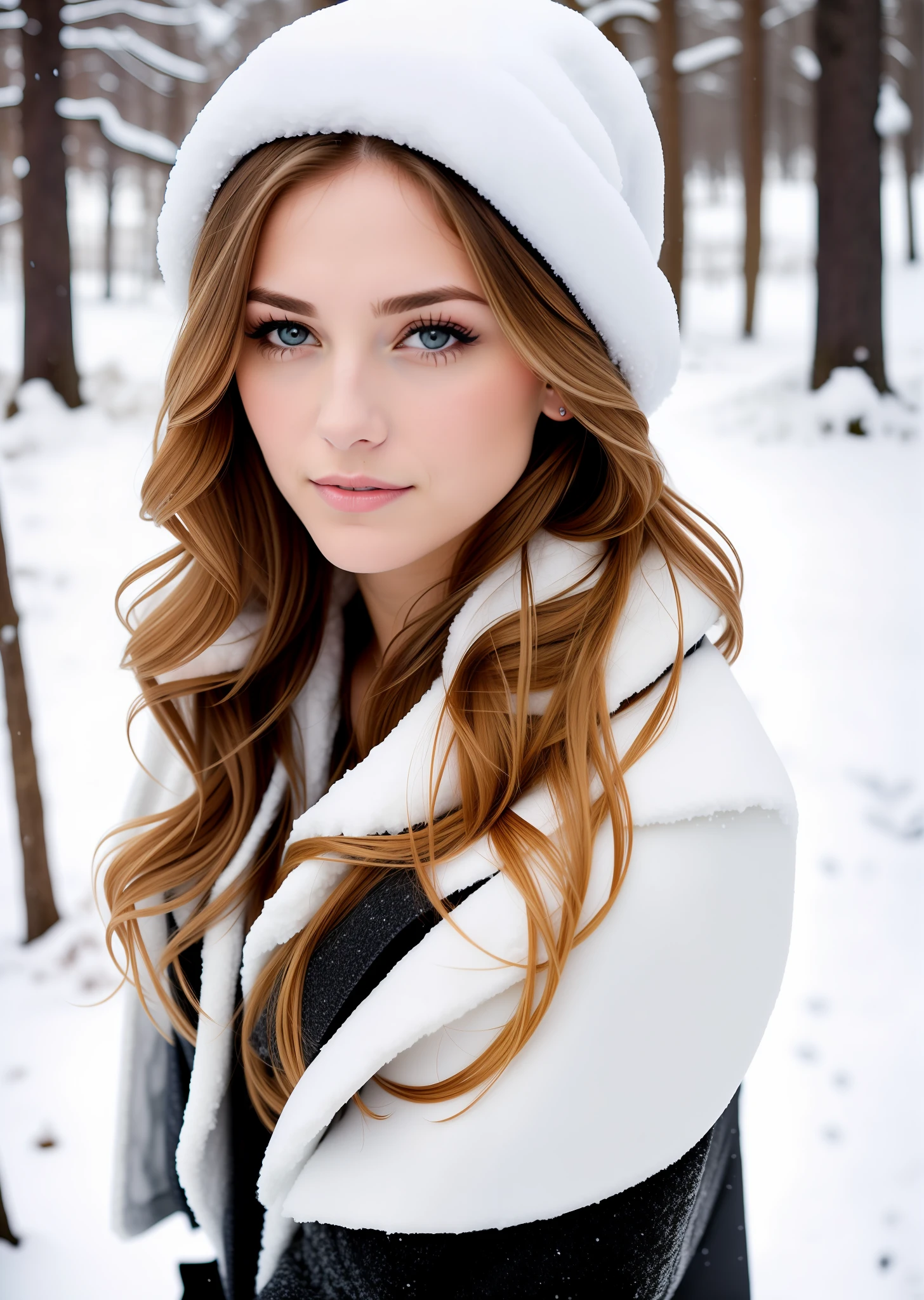 Style, modelshoot style, medium color photo of a woman with light brown hair with blonde tips in the snow
