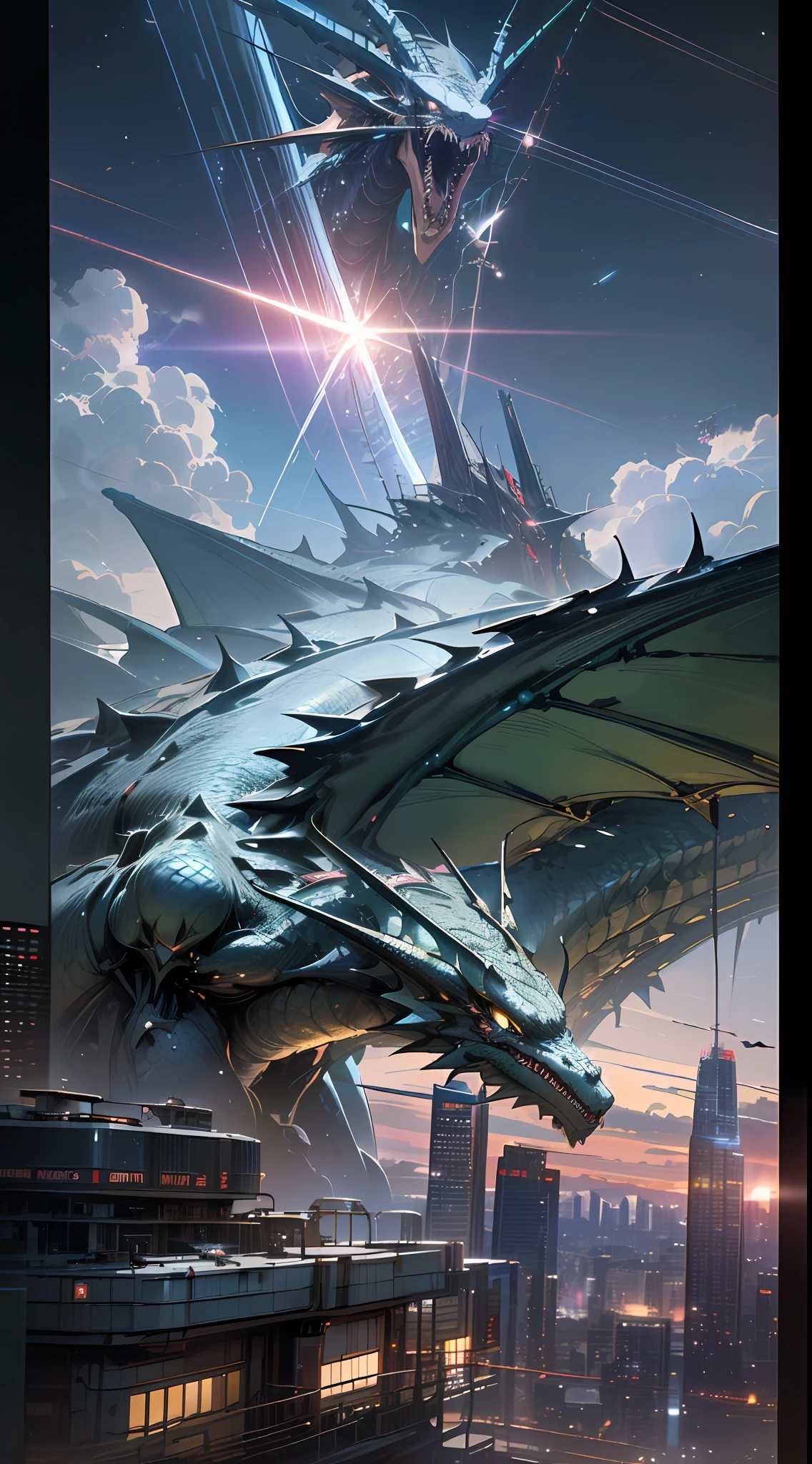(Beautiful and magnificent skyline, magnificent sky), (Dramatic and dramatic graphics, moving visual effects), (Hanging North Star, colorful natural light), ((Mecha Dragon + Sci-Fi Dragon + Cyberpunk)), (Perfect Details + Ultimate Art), (Complex Mechanical Design + Film and Television + 8K)
