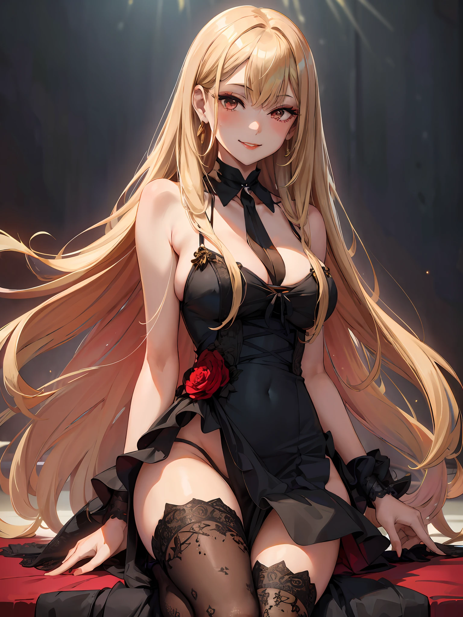 1girl, lace legwear, solo, masterpiece, best quality, highly detailed, kitagawa marin, elegant ballgown, black dress with red and gold accents, intricately detailed, elegant stilettos, long flowing hair, glowing skin, party background, real, big bright red lips, smiling fashion pose, side slit, revealing, large breasts, leaning forward