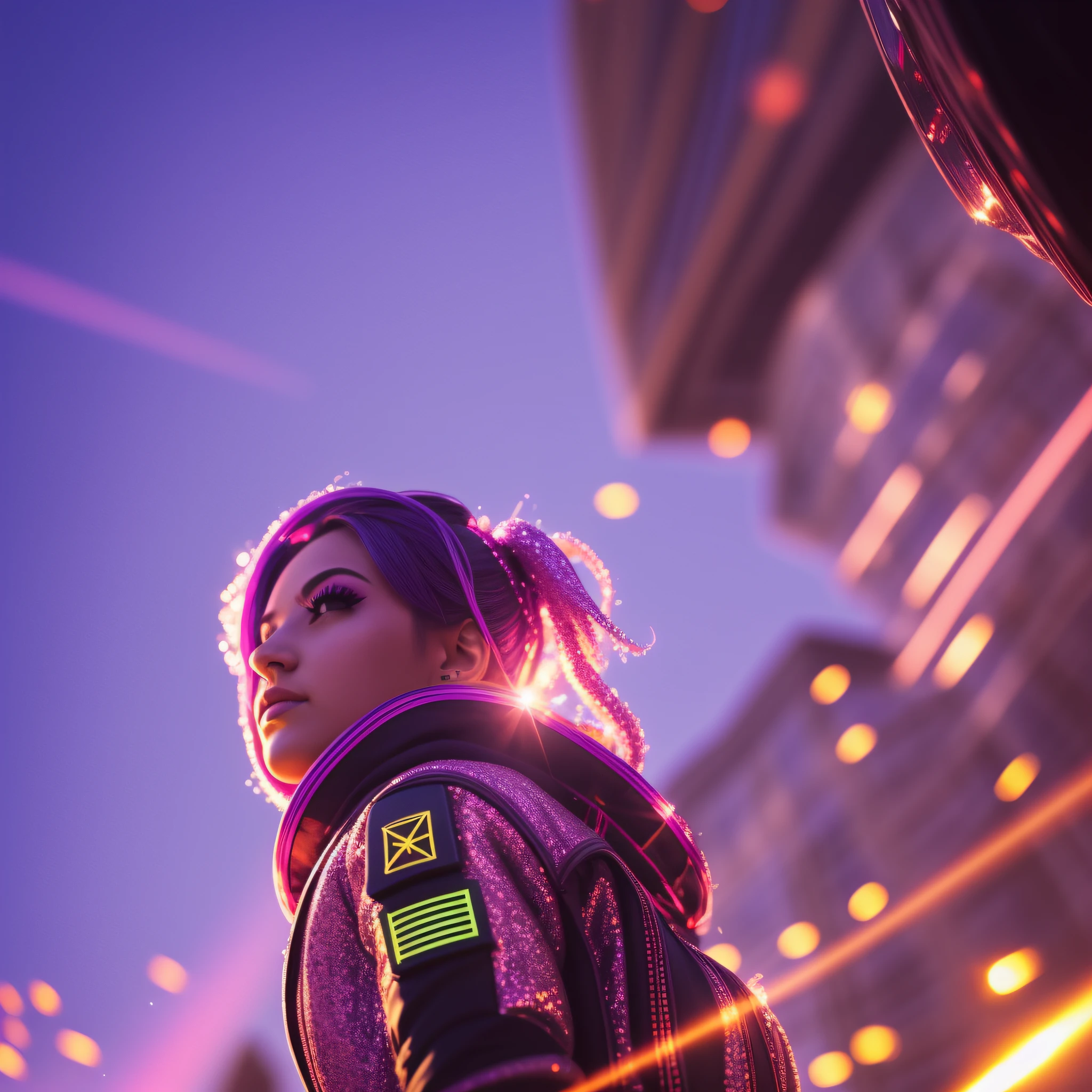 Raw photo, worm view shot, low angle cyberpunk vivid color girl, high contrast, sunny day, depht-of-field, bokeh, (frontlighting:1.2), (backlighting:0.75), (fill light:0.9), bloom, (light sparkles:1.2), chromatic aberration, (lens flare:1.2),