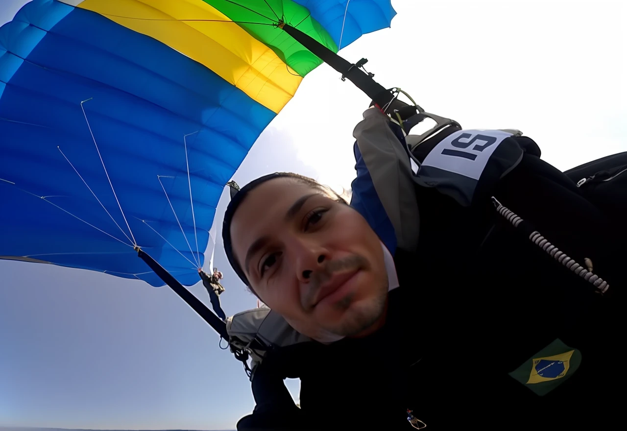 Arafed man with a parachute in the sky with a flag, skydiving, flying towards the camera, a man floats in the air, aerial view, profile picture, flying in the air, karolina cummings, benjamin netanyahu skydiving, bottom up view, bottom view, caroline gariba, petrovic mine, pov shot, seen from below
